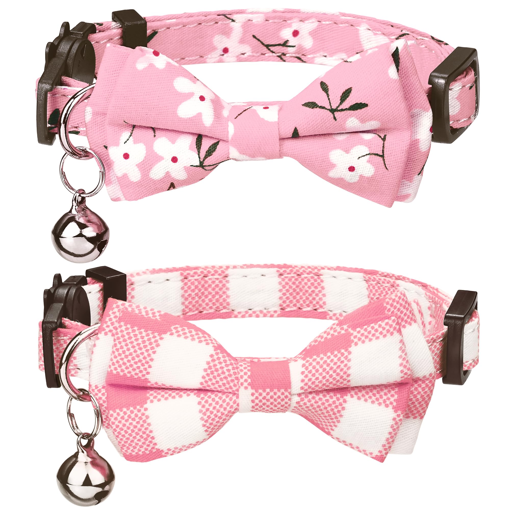 G-ficu 2 Pack Cat Collar Breakaway with Cute Bow Tie Bell Charm, Flower Plaid Collars for Girl Boy Cats Kittens with Adjustable Safety Buckle-Pink