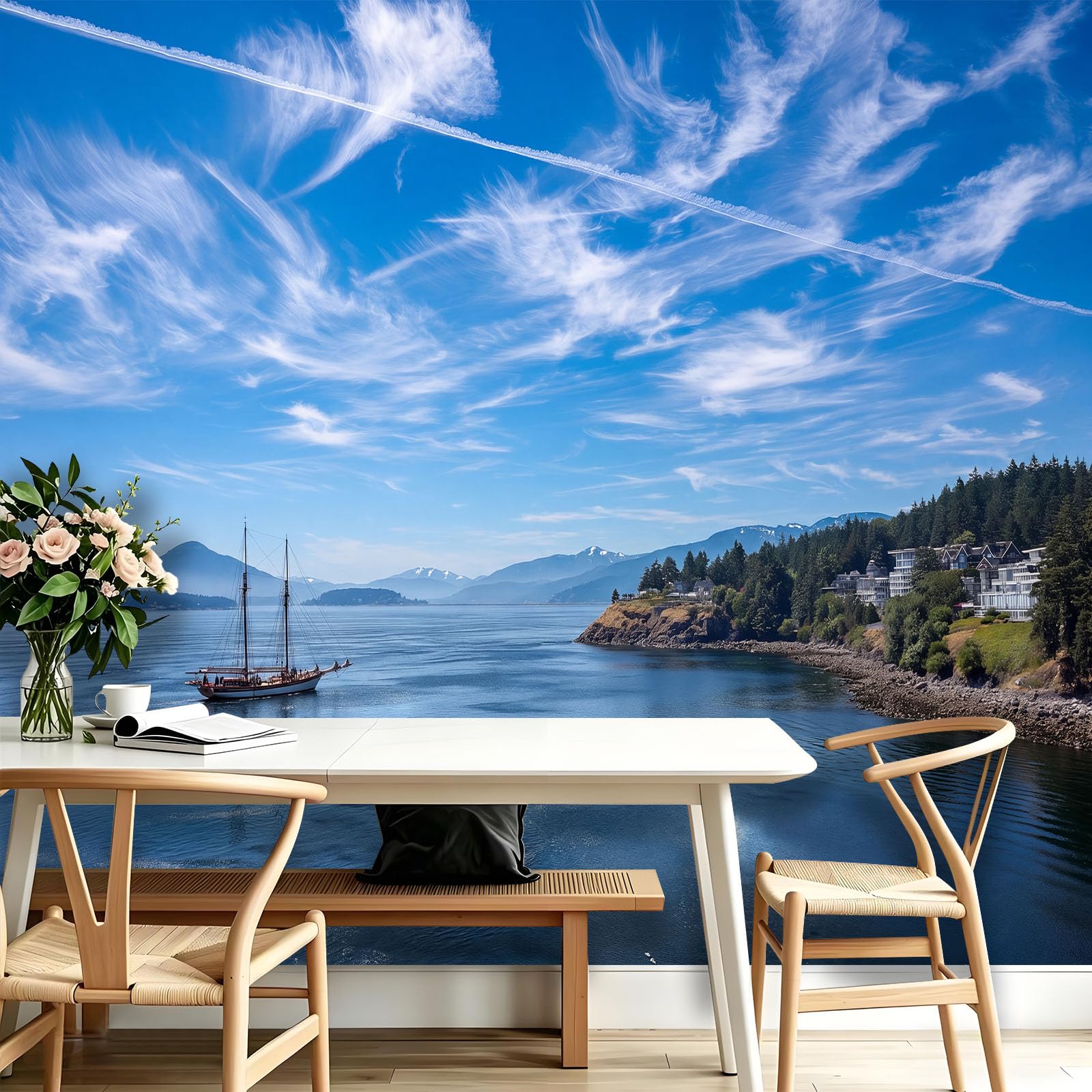 Générique Carta da parati con barca a vela, cielo blu, 300 x 210 cm (WxH) Poster gigante da parete 3D, moderno minimalista da parete, murale in tessuto non tessuto per soggiorno, camera da letto e