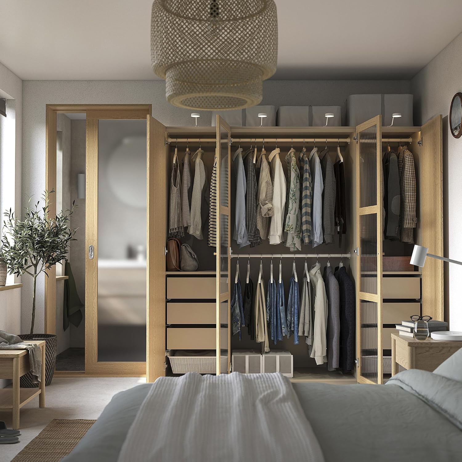ProTuning PAX/TONSTAD Wardrobe combination, grey-beige/oak veneer glass, 200x60x201 cm