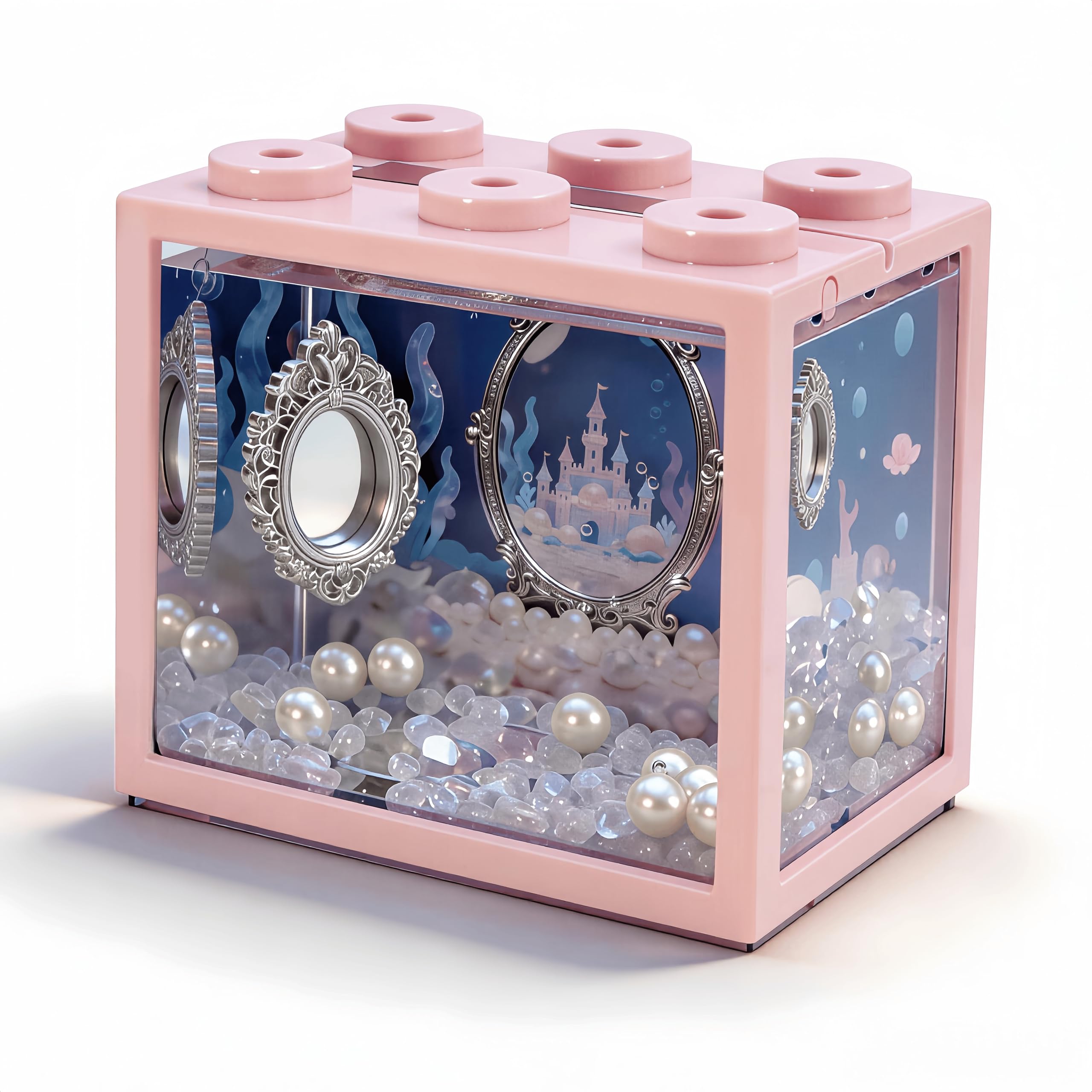 Small Betta Fish Tank, Mini Sea Monkey Tank Aquarium Kit with Glass Gravel & Background Resin Decor, 0.6 Gallon Stackable Tabletop Fish Bowl Accessories for Shrimp Seaweed Ball (Pink)