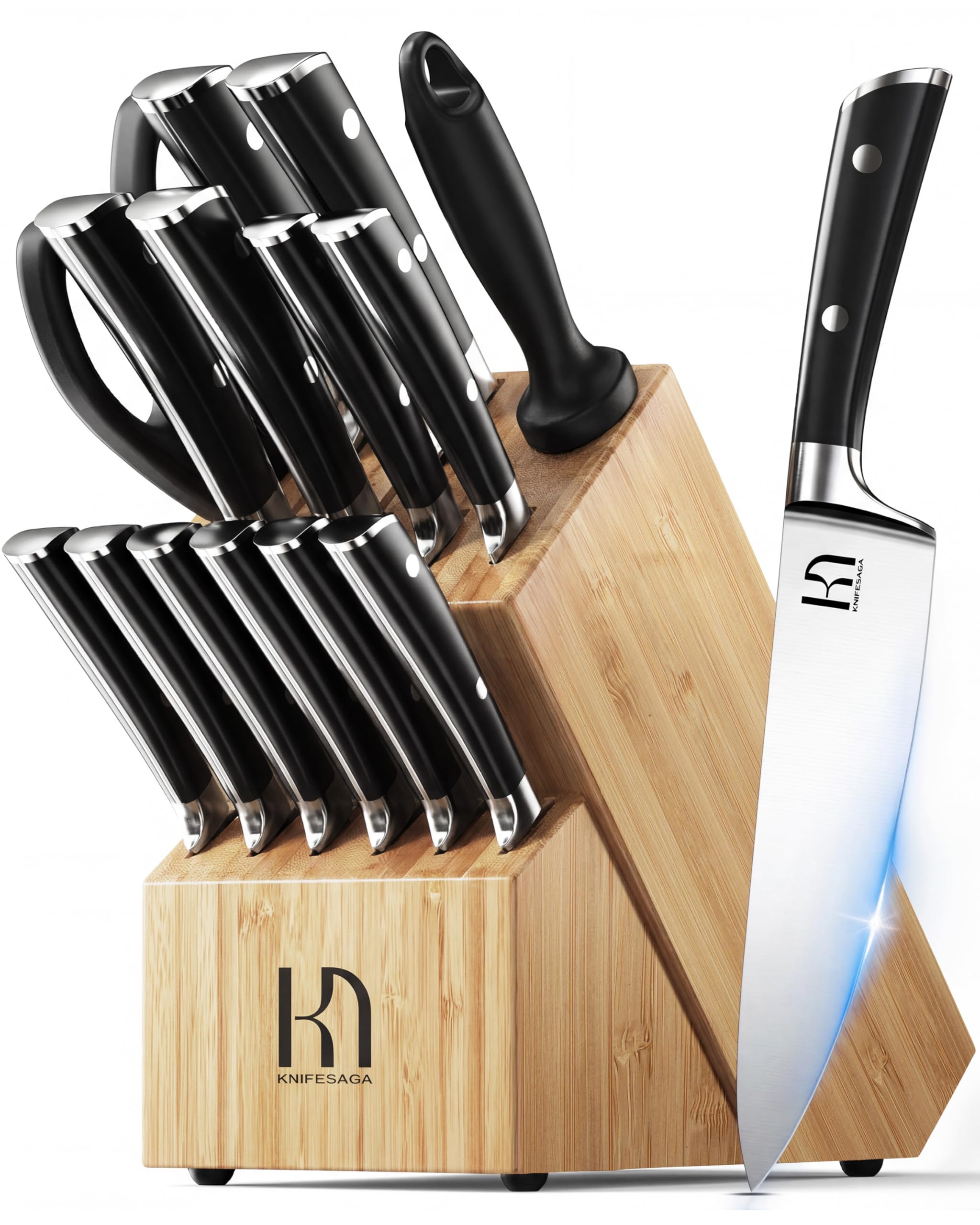Knife Set 15 Pcs Kitchen Knife Block Set Enduring Razor-Sharp High Carbon Stainless Steel Knife Set with Block