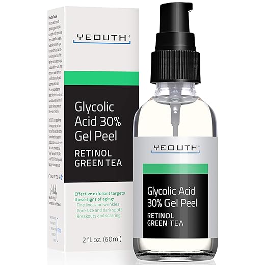 Glycolic Acid Gel Peel, Acido Glicolico Gel Peeling Exfoliante Facial con Retinol Serum y Té Verde, Skincare para Arrugas, Acne y Manchas, Gel Exfoliante Facial para Mujer y Hombre de YEOUTH 60ml