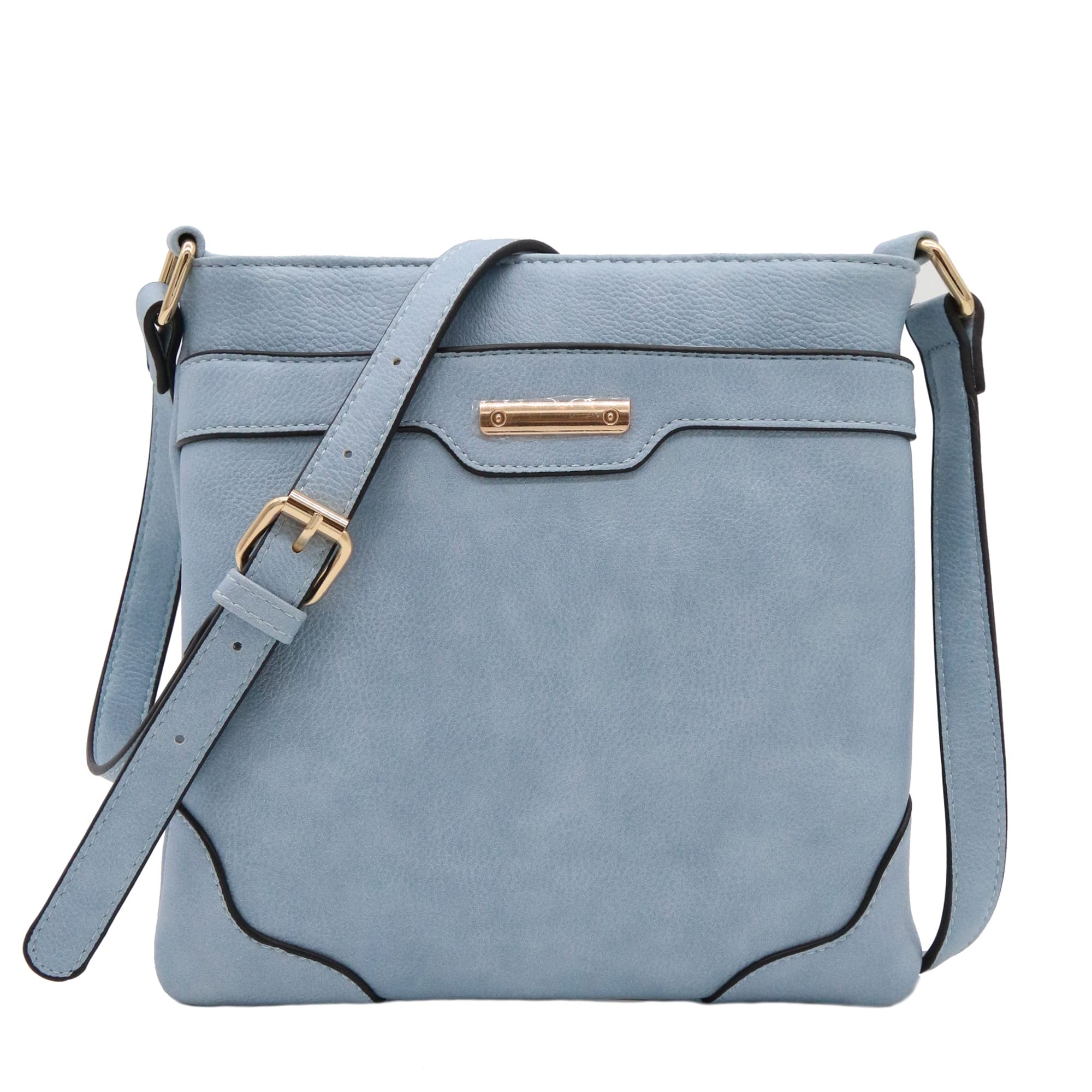 Women's Medium Size Solid Modern Classic Crossbody Bag with Gold Plate (Dusty Blue)