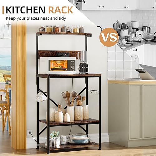 Miniatura 4 de Shintenchi Estante para panaderos con toma de corriente, organizador de cocina y almacenamiento con 6 ganchos, soporte para horno de microondas,