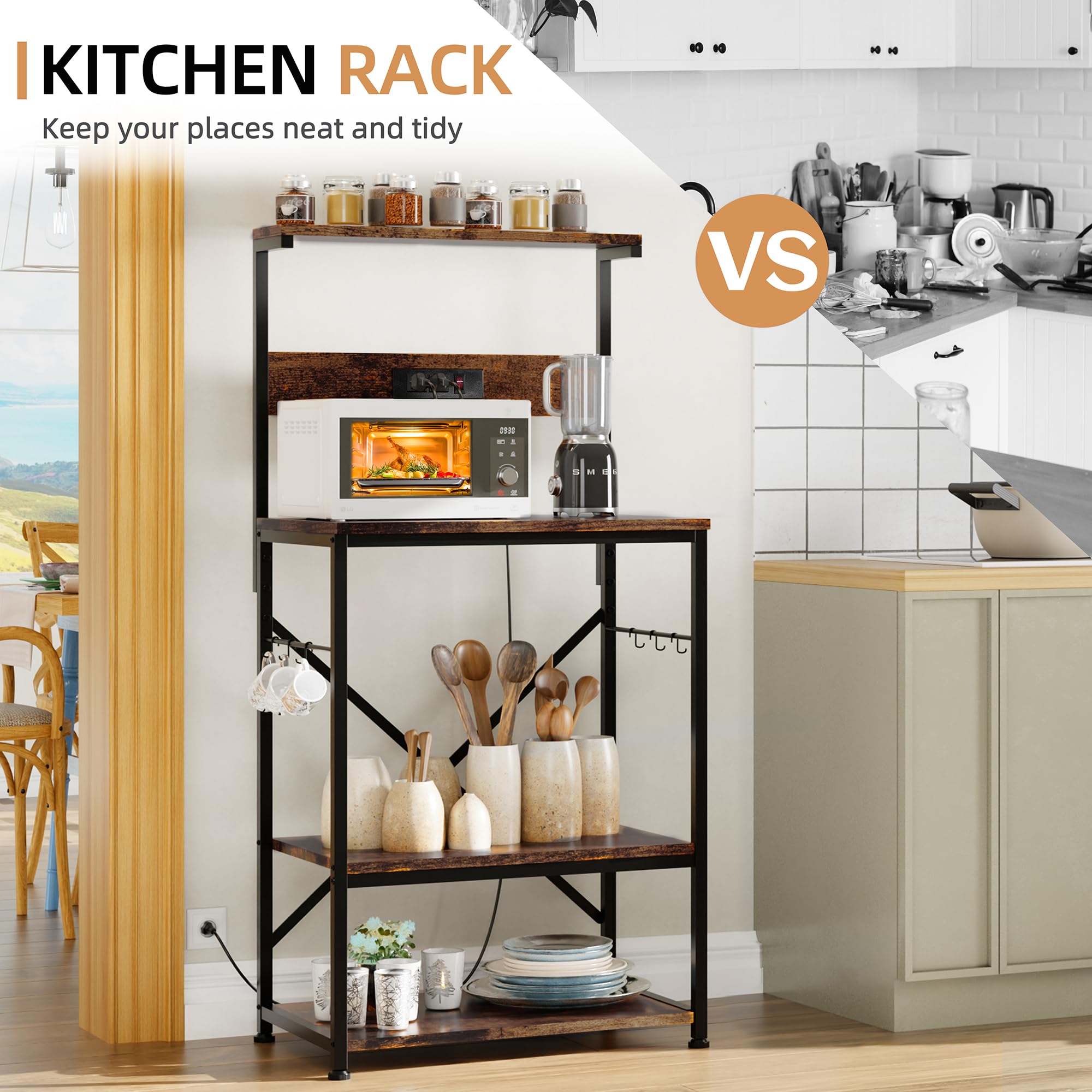 Shintenchi Bakers Rack With Power Outlet - Kitchen Organizer Shelf With Hooks, Microwave Stand, Coffee Station (Vintage Brown) 1 thumbnail image
