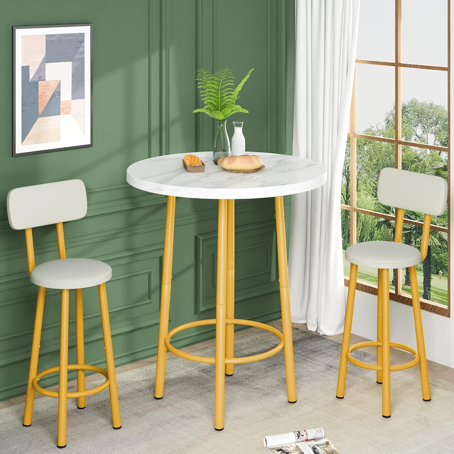 Lamerge 3 Pieces Bistro Dining Set for 2 Kitchen Round Breakfast Table Set Bar Table Space Saving Faux Marble Top and Upholstered Chairs Set for Apartment Dining Room with Gold Metal Frame Round Table with 2 Chairs White & Gold - R