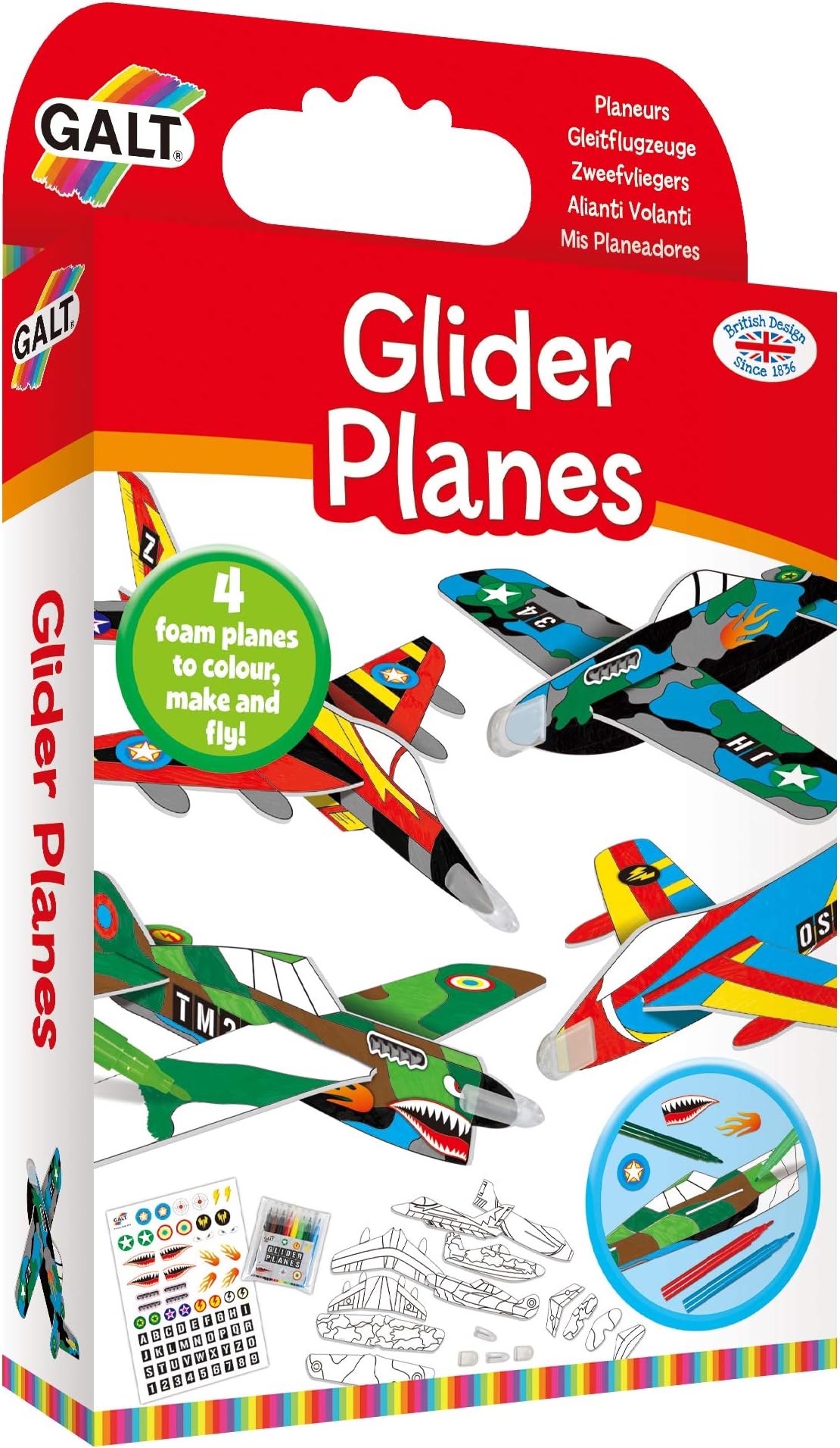 Galt Glider Planes Kids Craft Set – Build Your Own Plane with 4 Sets of Plane Parts, 8 Washable Fibre Pens & Sticker Sheet – Fun Creative Craft Kits for Kids, Boys, Girls Age 6+