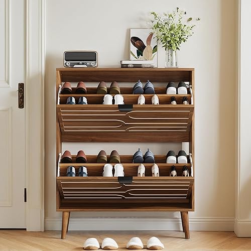 Miniatura 5 de Spaco Armario de zapatos de nogal para entrada, armario organizador de zapatos estrecho con 2 cajones abatibles, zapatero delgado con patas de