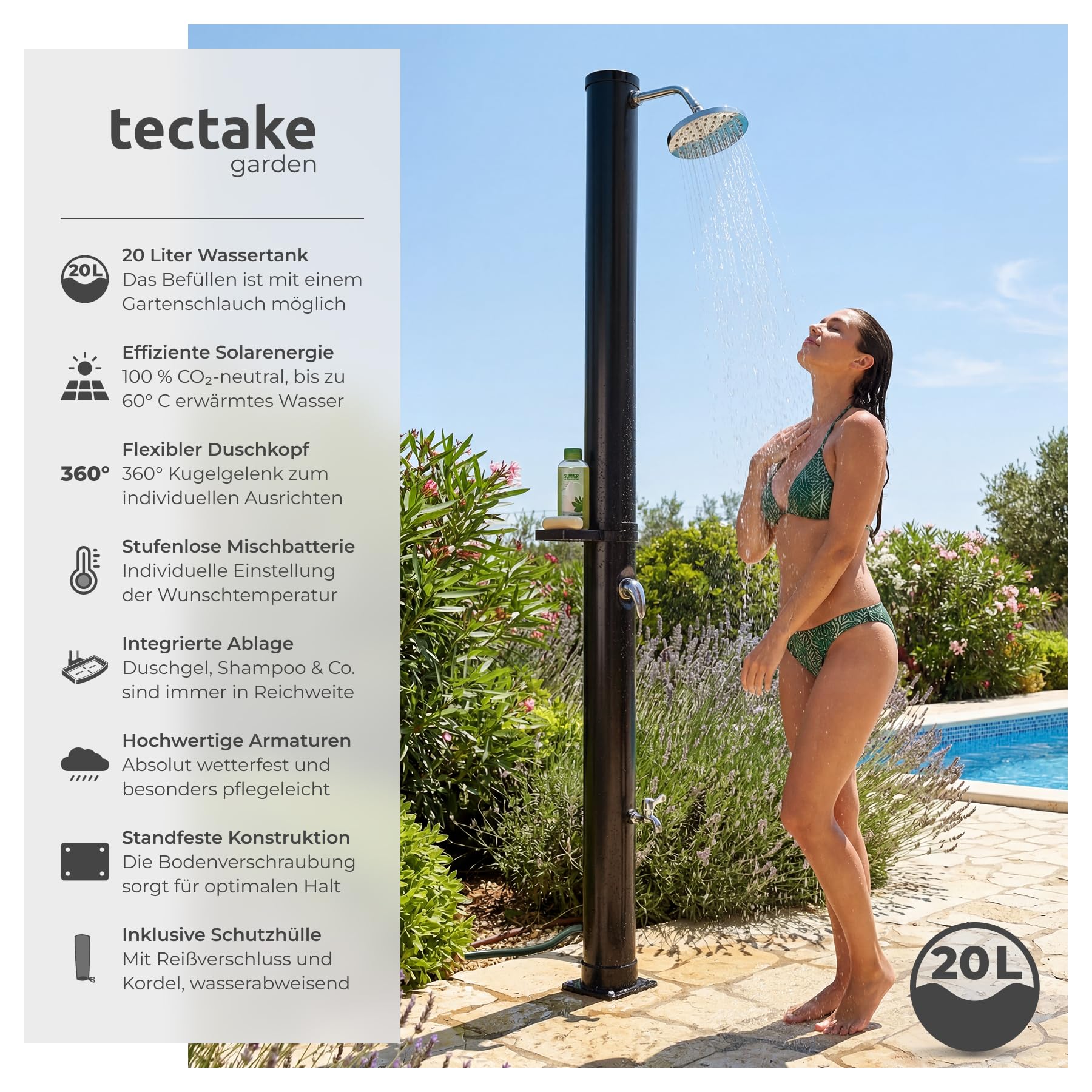 TecTake® Solardusche 20 l, bis 60° C warmes Wasser, drehbarer Regenduschkopf, Gartenschlauch-Anschluss, Wasserhahn, Garten Solardusche, Schutzhülle, Warmwasser, Campingdusche, Außendusche - schwarz