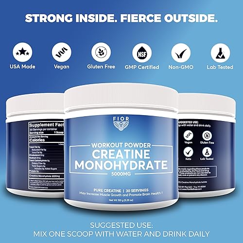 Miniatura 6 de FIOR Polvo de monohidrato de creatina pura, creatina micronizada para hombres y mujeres, polvo de creatina pura sin OMG, vegana y sin gluten, 0.18