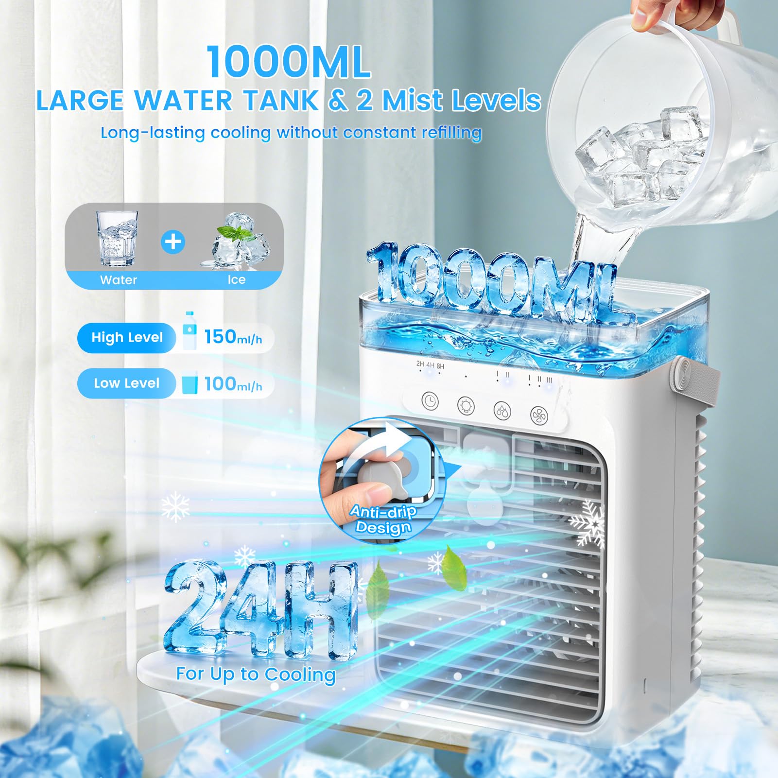 Tragbare Klimaanlagen, 4 in 1 Mini AC Klimaanlage mit 1000 ml Wassertank, 3 Geschwindigkeiten, 2 Nebelmodi, 2/4/8H Timer, Umgebungslicht, USB Verdunstungsluftkühler, Kühlventilator für Camping, Zimmer