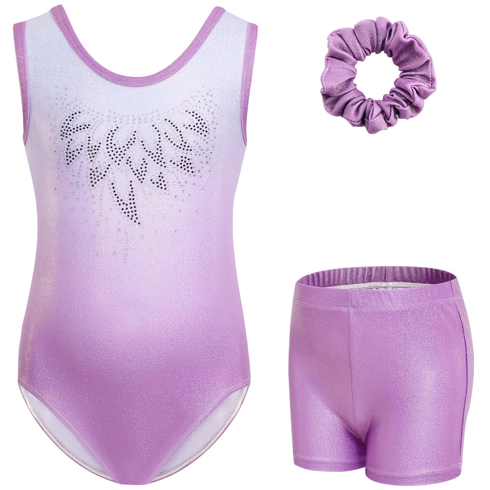 Gogokids Conjunto de gimnasia de tres piezas para niña, cuello en Y, sin mangas, con pantalones cortos y diadema, traje de gimnasia con diseño de bloques de color azul y morado, 3-12 años — view 24