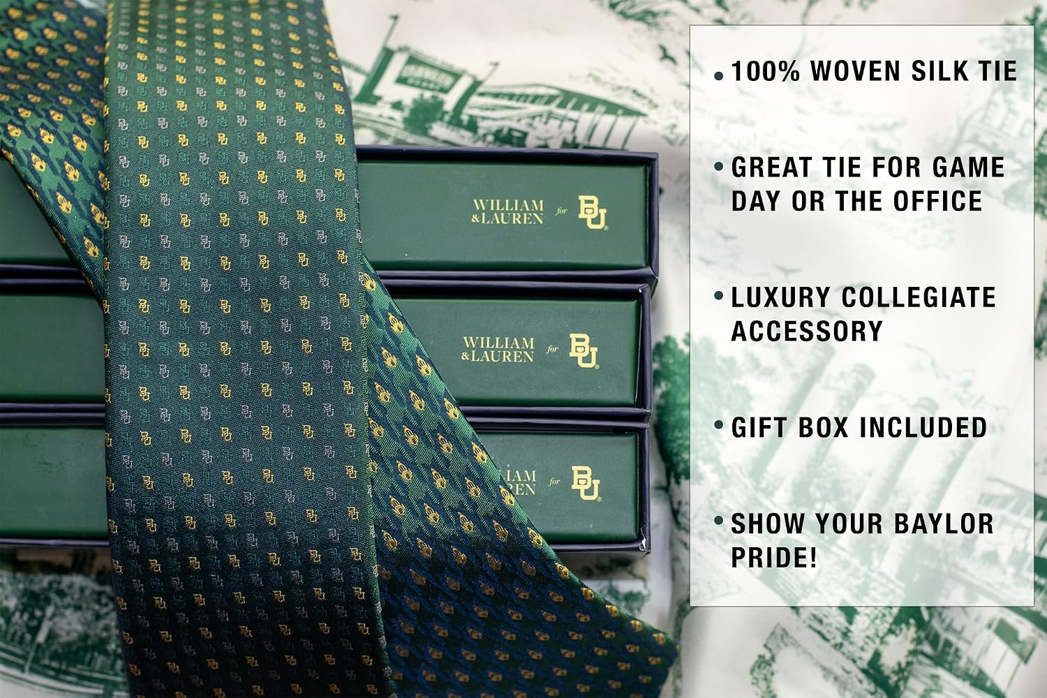William & Lauren Baylor University Men’s Tie – 100% Silk, Green & Gold Collegiate Neckwear