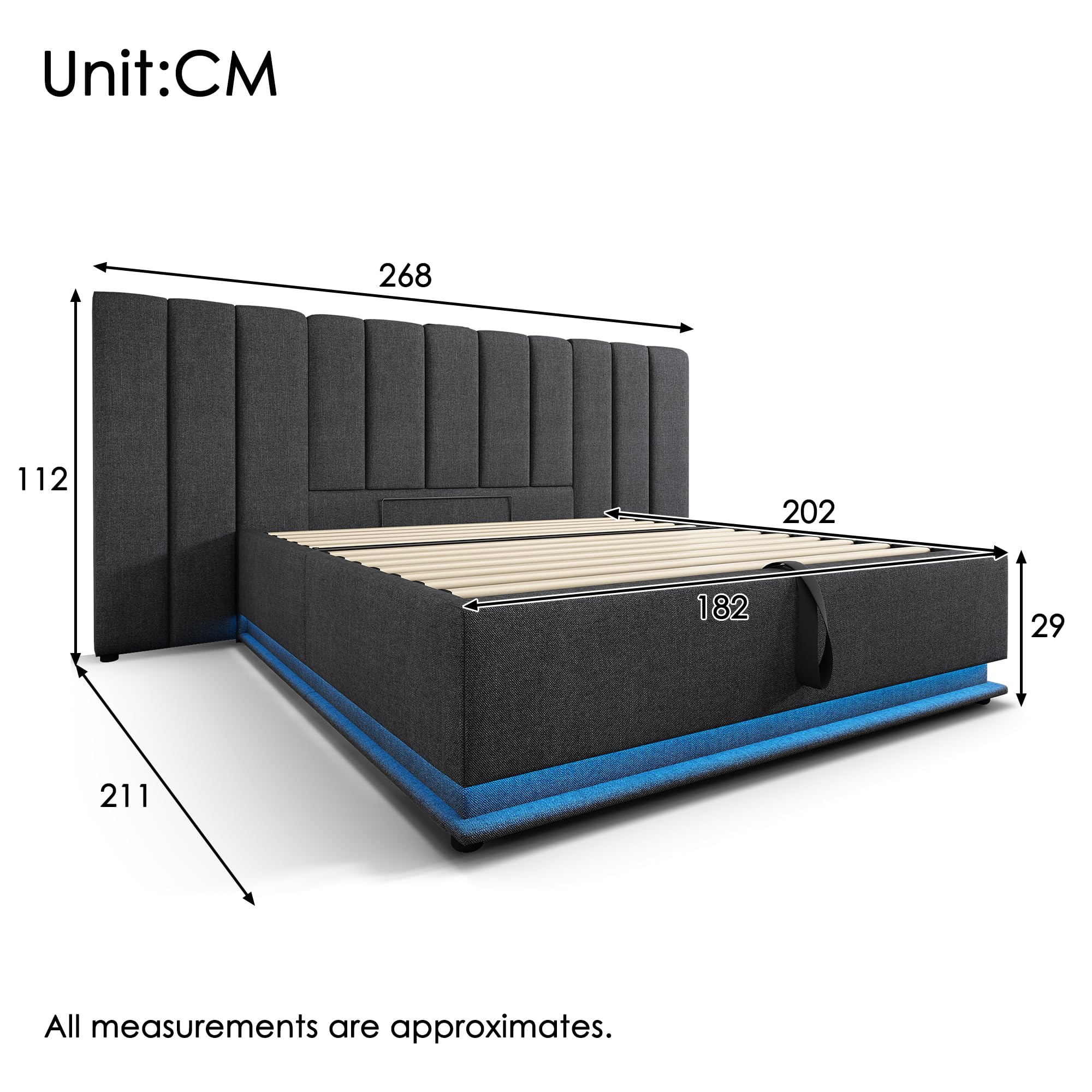 Zepneiy Lit Double 180x200 avec LED et USB, Lit Coffre 180x200 avec Espace de Rangement et tête de, avec sommier à Lattes, Cadre de Rembourré Gris(sans Matelas)