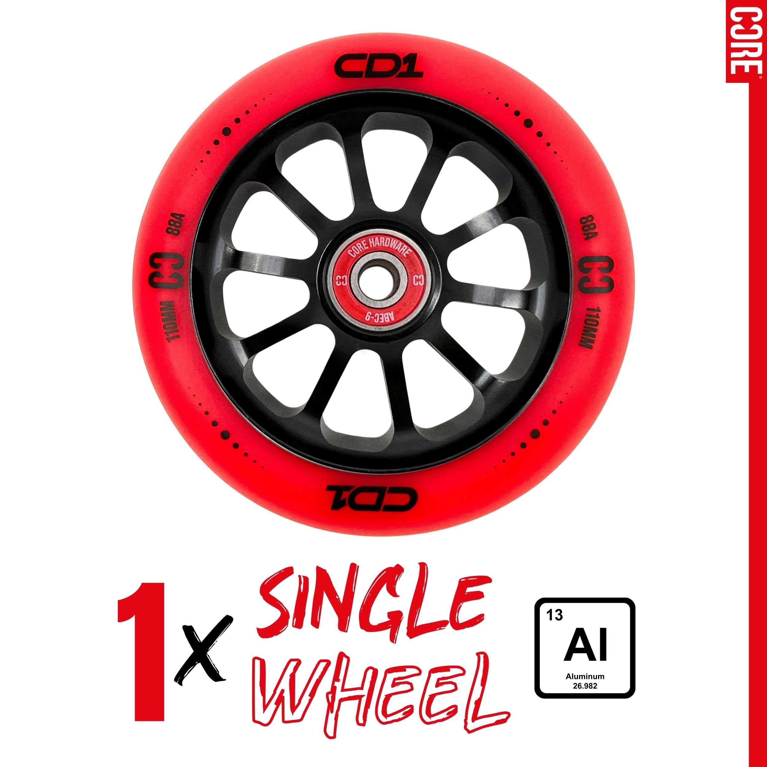 CORE CD1 - Rueda de patinete con radios ABEC 9 de 110 mm (ruedas de repuesto para patinete profesional), color rojo y negro