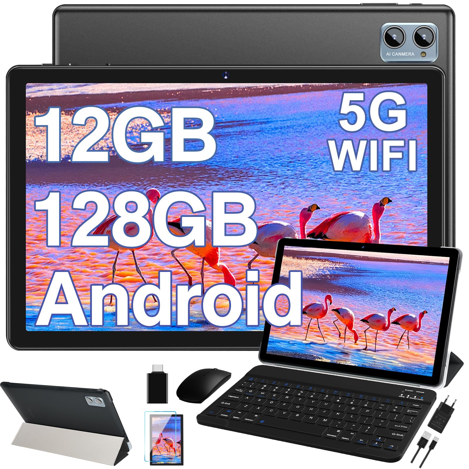 2026 Tablet 10 Pollici Android, 12GB RAM + 128GB ROM/TF 1TB, 5G WiFi, Bluetooth 5.0, Batteria 6000mAh, 5+8 MP Camera, Widget, GPS, Widevine L1, GMS, Tablet con Custodia, Mouse e Tastiera - Nero
