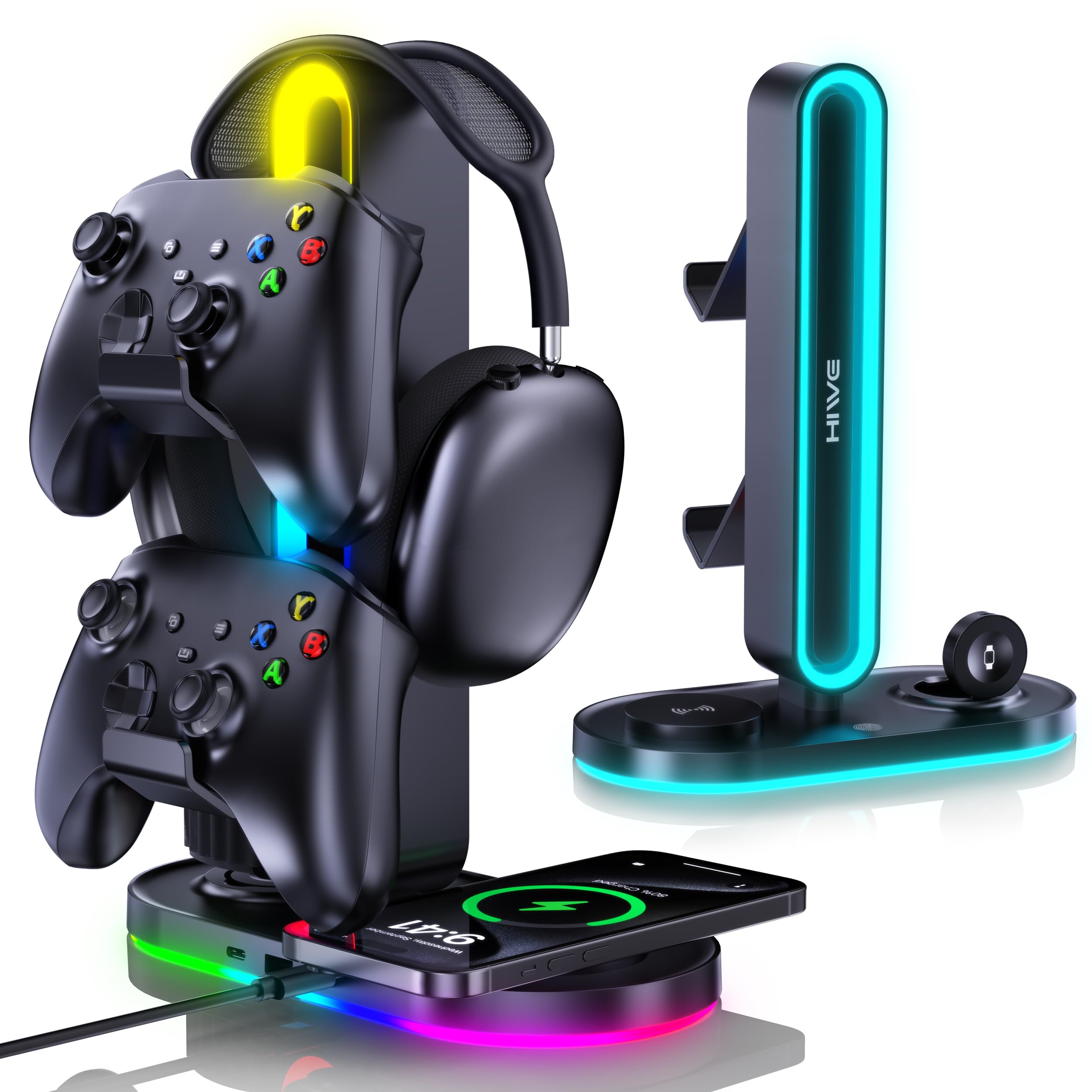 HiWe Supporto universale per cuffie da gioco RGB con 2 supporti per controller, caricabatterie wireless per iPhone/iWatch, ABS solido, base antiscivolo, nero
