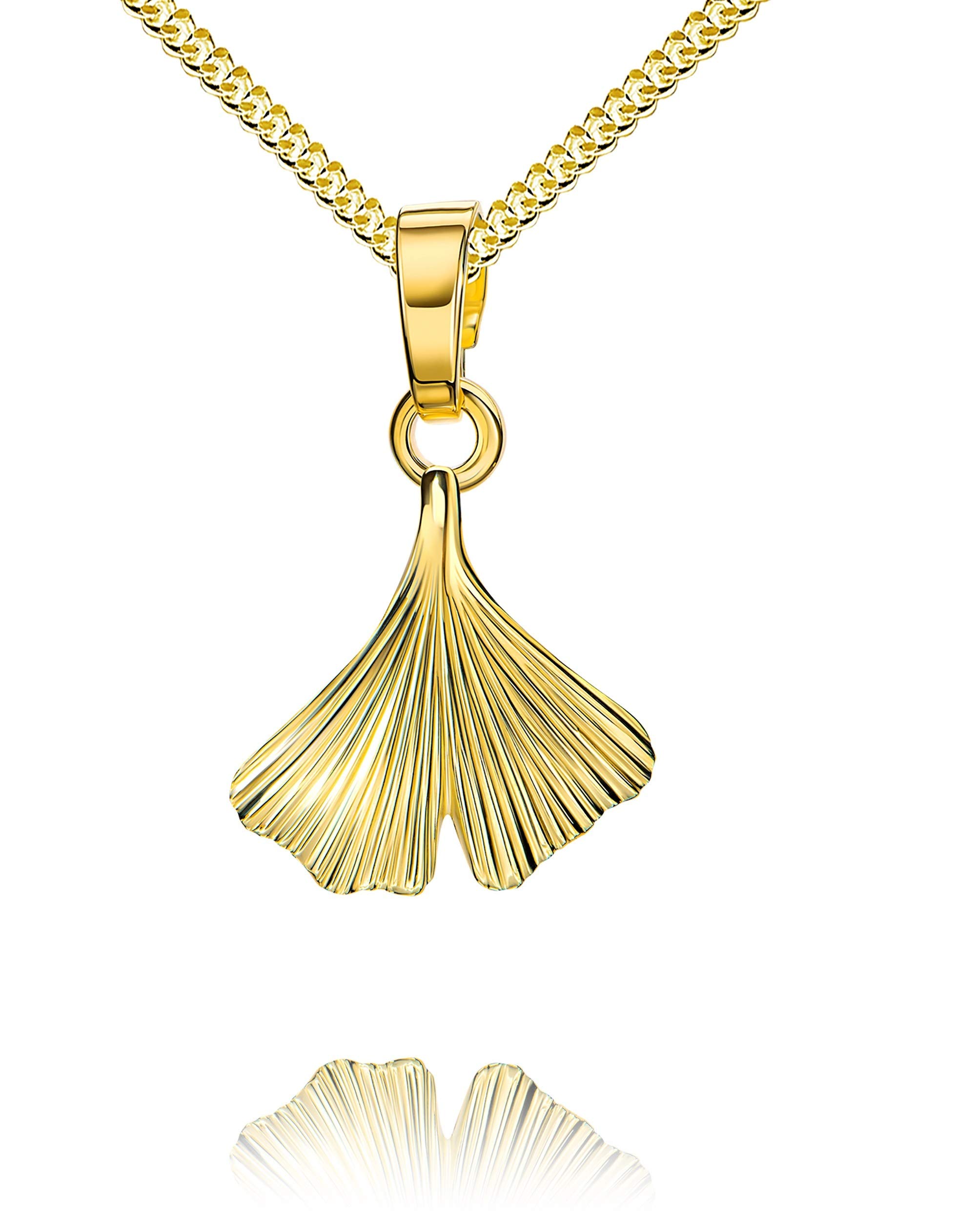Gold Anhänger 585 Gold 14 Karat 14K mit Ginkgo-Blatt Gold für Damen mit Halskette Länge wählbar.