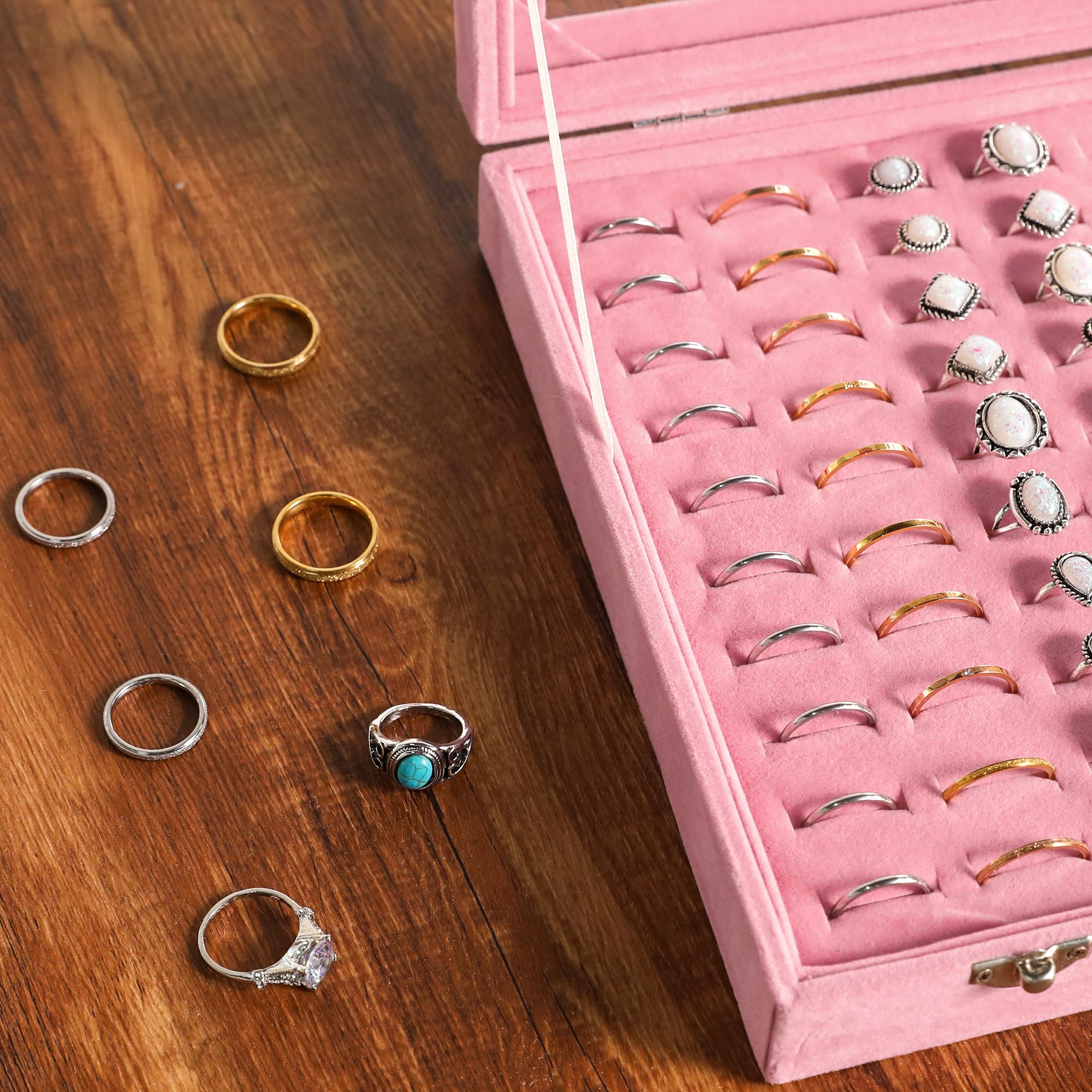 Présentoir à Bagues 100 Fentes Avec Couvercle Transparent - Organisateur Bijoux En Bois Pour Collection Et Protection