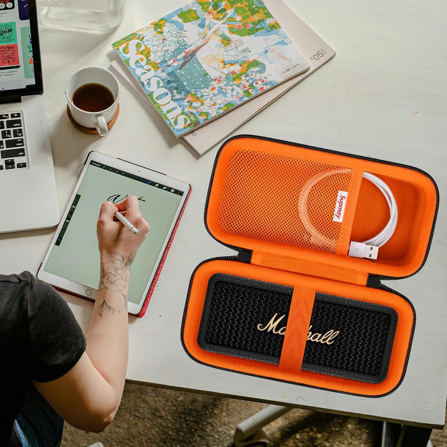 Hard Carrying Case for Marshall Emberton II/III Portable Bluetooth Speaker, Wireless Speaker Protection Case with Mesh Pocket for USB-C Charging Cable, Black+Orange - Image 6
