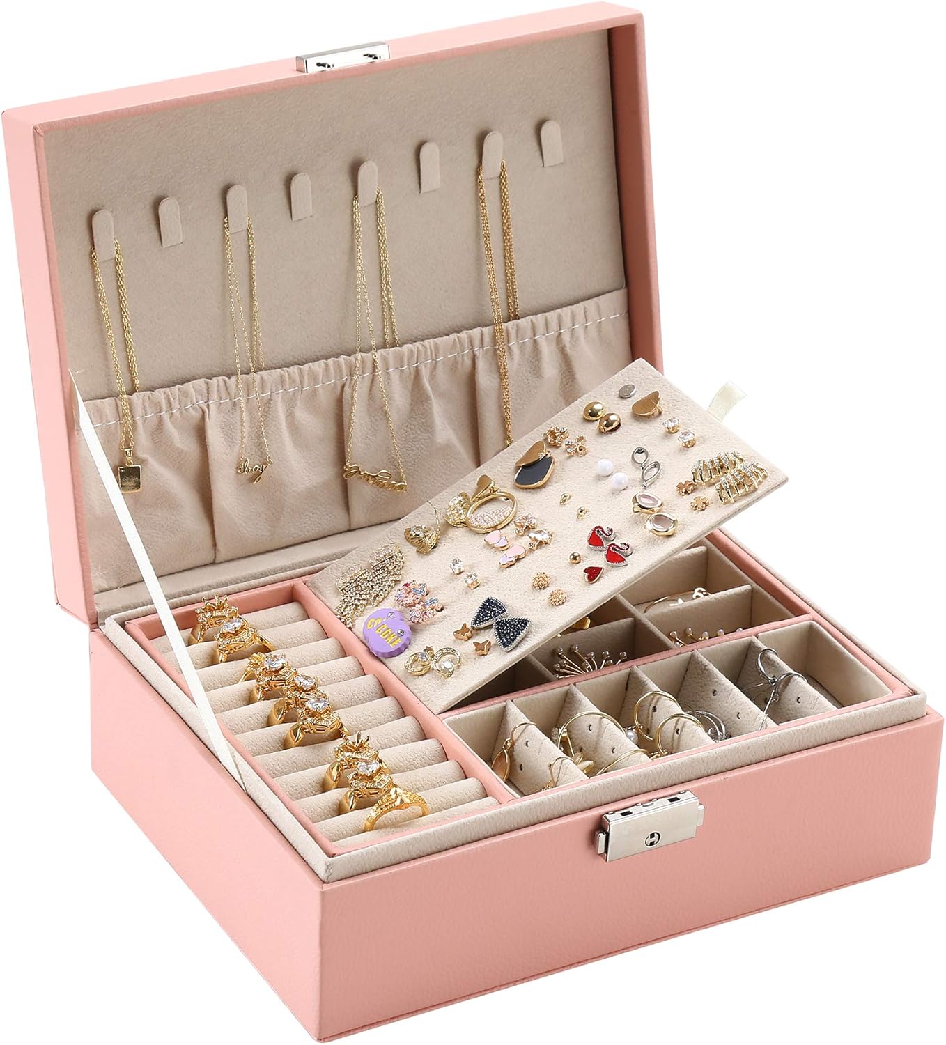 Jewelry Organizer Display Box Large Two Layer Jewelry Storage Holder with 74 Stud Hole & Lock Smooth Faux Leather, Gift for Girls or Ladies (Pink), ZUZ001C