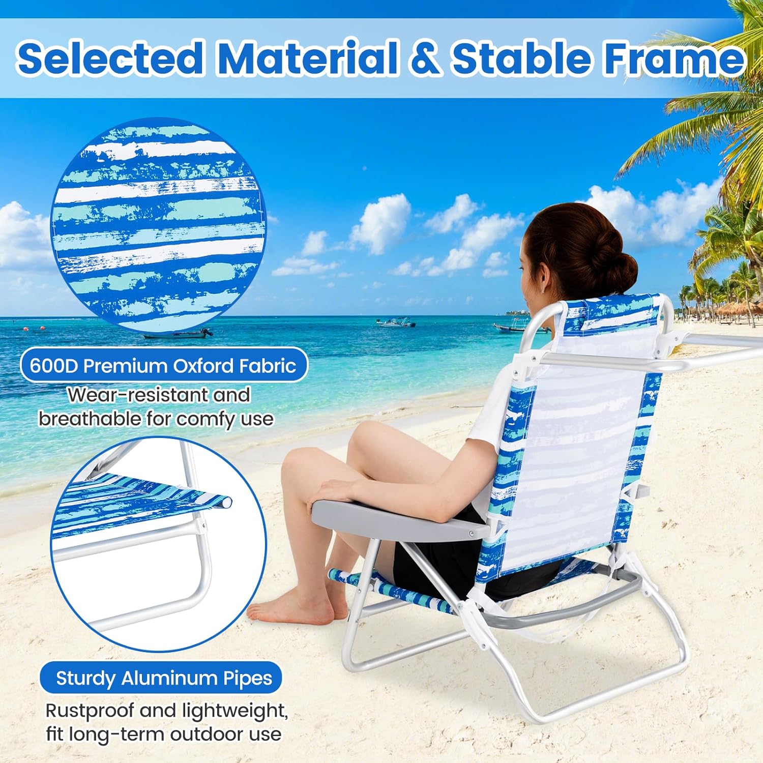 GYMAX Beach Chairs, 2Pcs Folding Camping Chair with Adjustable Backrest, Shoulder Strap, Cup Holder & Headrest, Portable Aluminum Lounger for Tanning, Sunbath, Lawn, Patio (Blue, 2 Chairs)