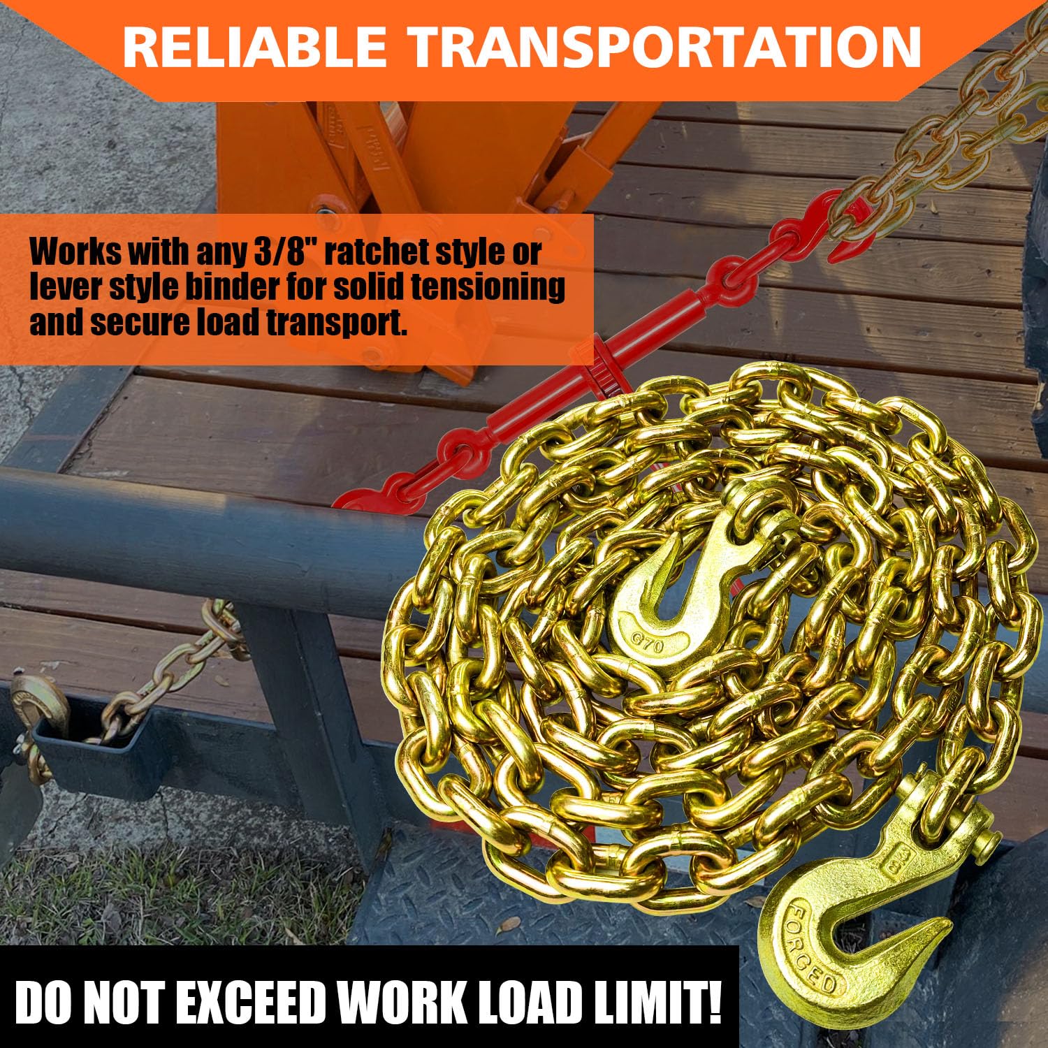 G80 Transport Binder Chain 3/8 Inch x 10 Foot Safety/Binder Chain with Clevis Grab Hooks 7,100 lbs Safe Working Load Logging Chain for Transporting Towing Tie Down Binding Equipment - Image 2