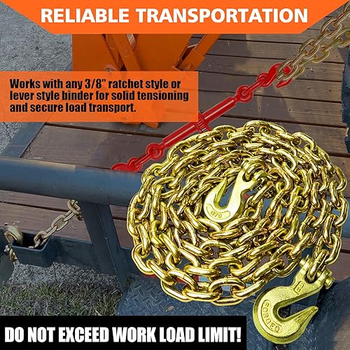 Miniatura 9 de Carpeta G80 - Cadena de seguridad de 516 pulgadas x 10 pies con ganchos de agarre para horquilla, cadena de registro de carga de trabajo segura para