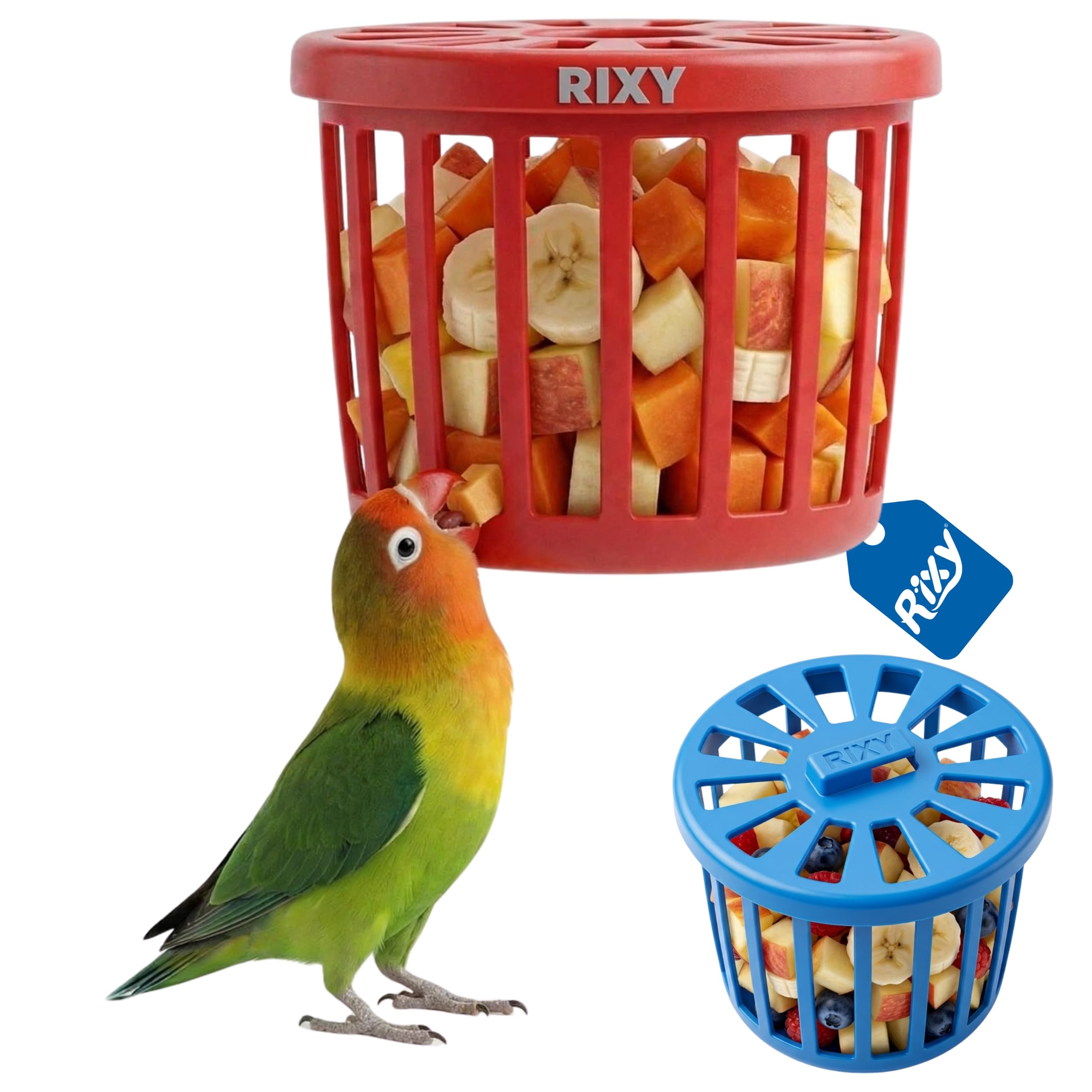 rixy multi-purpose bird feeder cup for fresh fruits & nesting hay - hanging cage basket (colour may vary) (pack of 2) | for cockatiels, budgies, lovebirds, conures, finches, parrots & small pet birds
