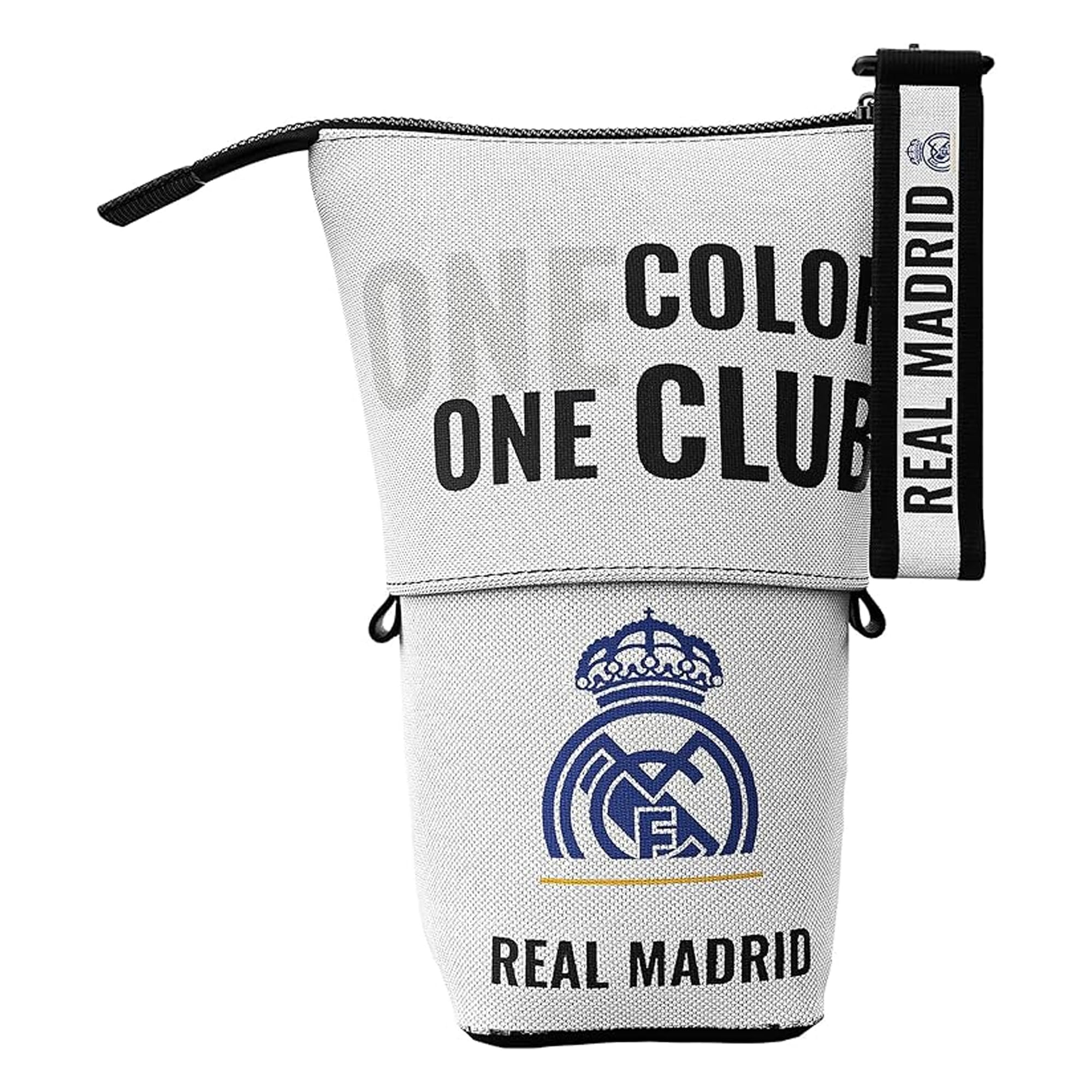 CYPBRANDS Real Madrid- Estuche, Cubilete, Portatodo, Estuche extensible, Color Blanco, Producto Oficial, One Color One Club, Complementos de fútbol