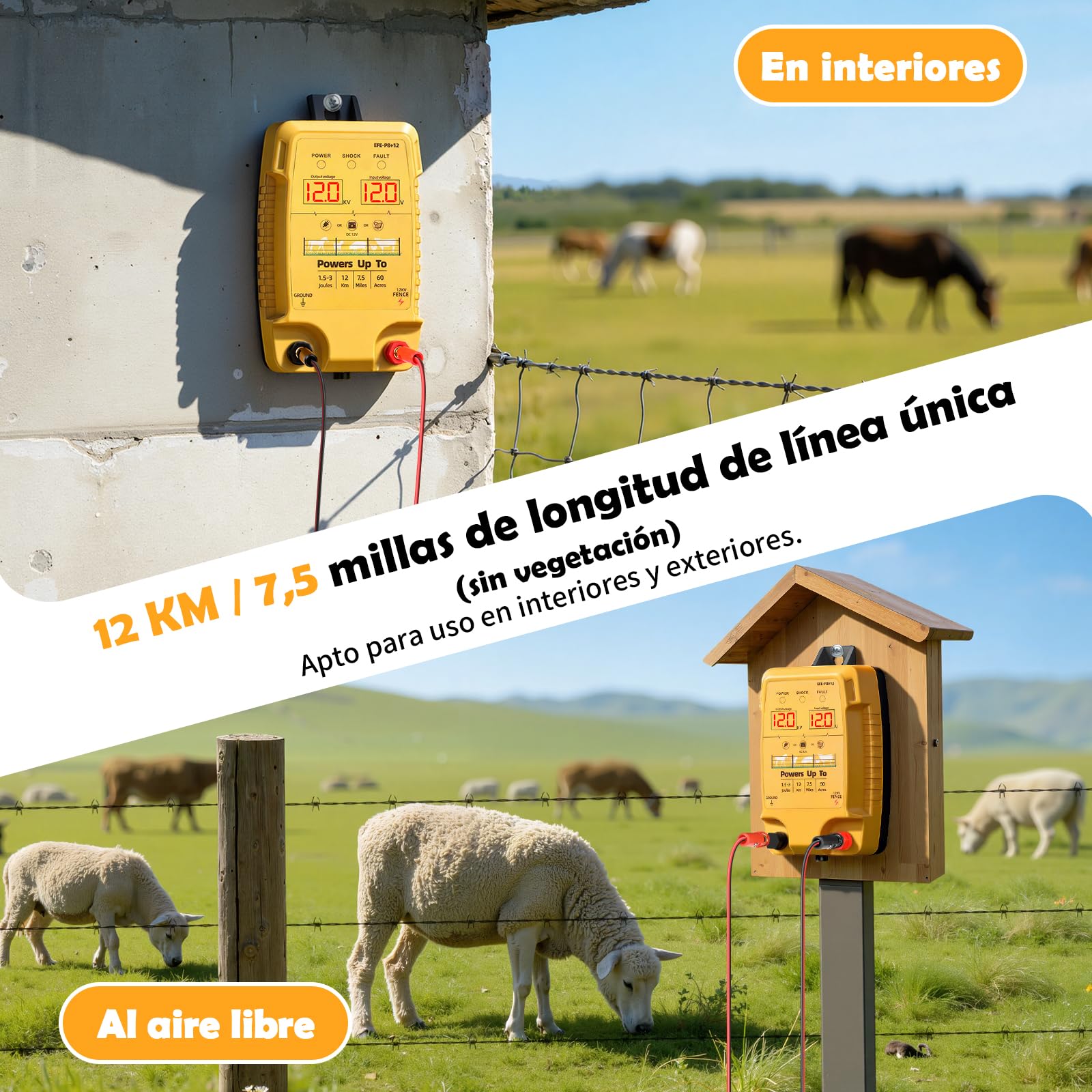 12KM Valla Eléctrica para Ganado y Animales, Electrificador de Cerca con Salida de 12kV 3.0J y Pantalla LCD, Protección para Caballos, Ovejas, Perros, Jardines, Pastos y Granjas (Naranja)