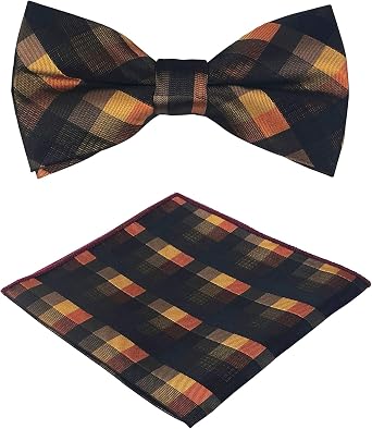 Elfeves Mens Pre Tied Bow Ties Set Novelty Plaid Check Wedding Formal Pocket Square with Bow Ties Set