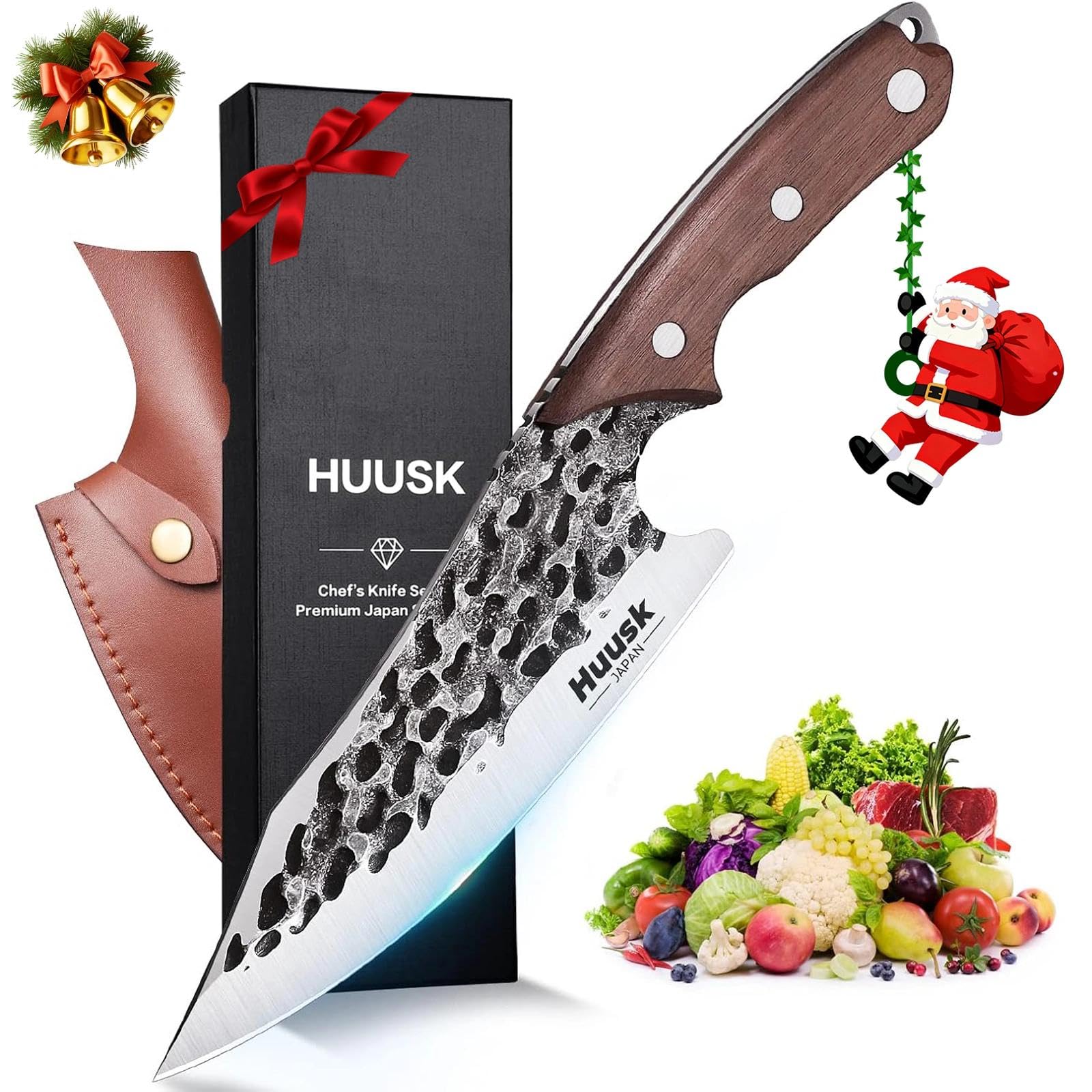 Huusk Viking Knife with Sheath - Hand Forged Boning Knife for Meat Cutting, Japanese Chef Knives for Kitchen, Outdoor Camping, Christmas Gifts Idea