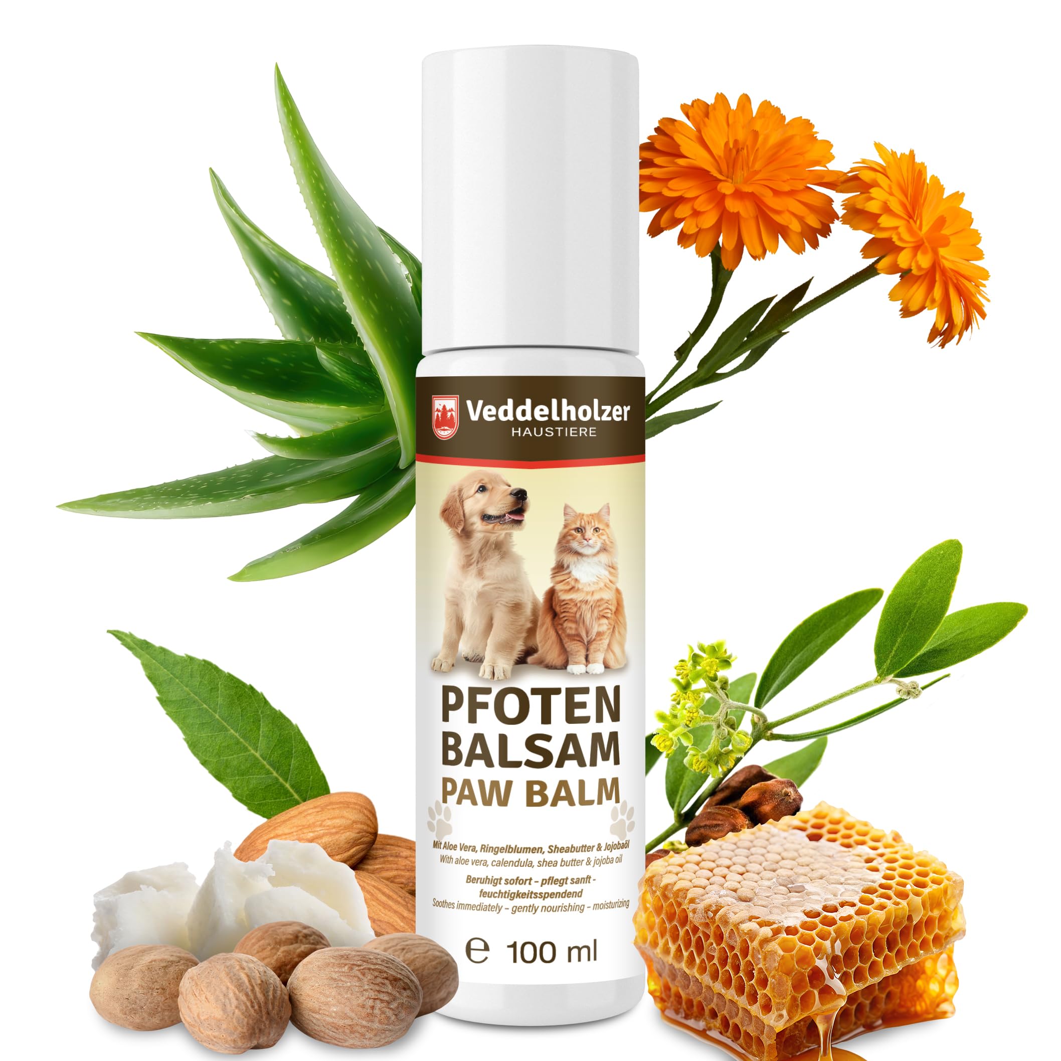 Veddelholzer Bálsamo para Patas de Perro, 100 ml Protección y Cuidado Natural para Las Patas agrietadas Protección contra la Sal de deshielo, el Calor y el frío con Cera de Abejas, Aloe Vera,