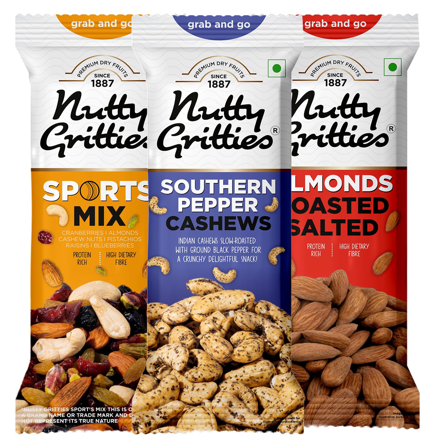 Nutty Gritties Grab And Go Mix Combo | 120g (Each Pouch 40g, Pack of 3) Roasted Sallted Almonds, Sports Mix, Pepper Cashews (B0CH3GDL1L) Amazon Price History, Amazon Price Tracker