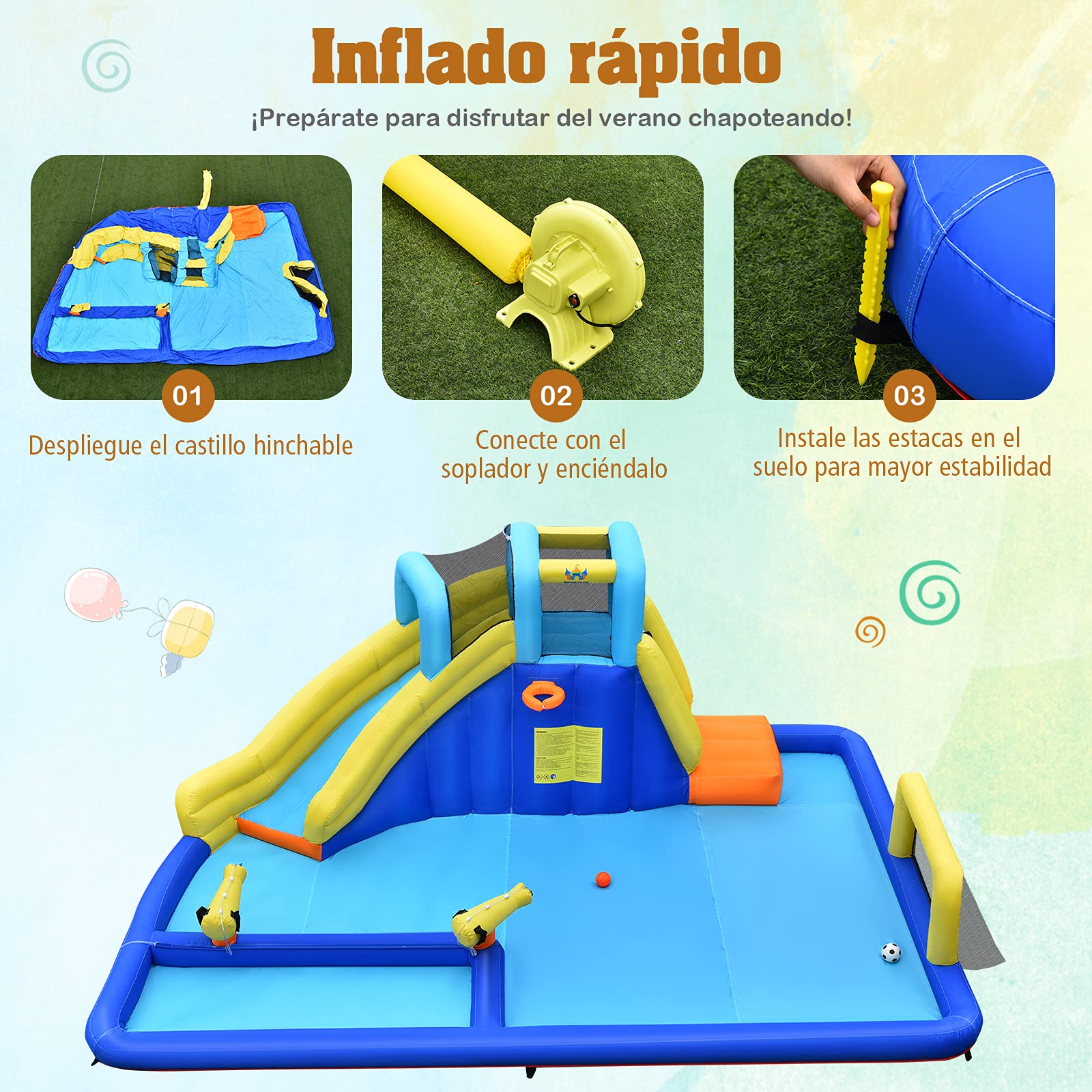 COSTWAY Castillo Hinchable Acuática, Castillo Inflable 6 en 1 con Rociador de Agua y Tobogán, Parque Acuático Inflable y Duradero para Uso Seco y Mojado, Bolsa de Rransporte (con Soplador)