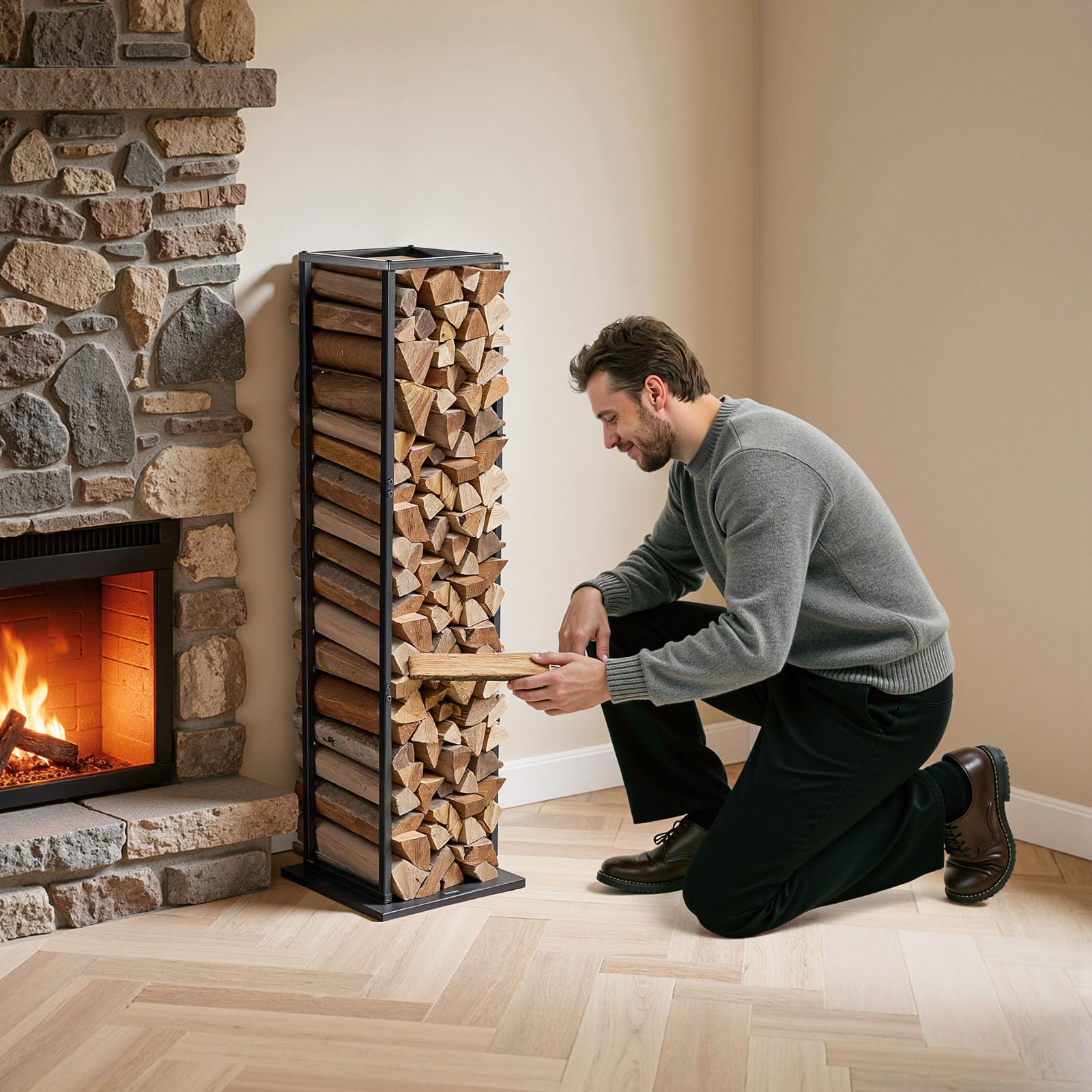 VEVOR Estante de Leña 33 x 32 x 112 cm Soporte de Metal para Leñas Carga de 45,4 kg Leñero de Acero con Recubrimiento en Polvo Resistente para Chimenea, para Interiores, Salas de Estar, Negro