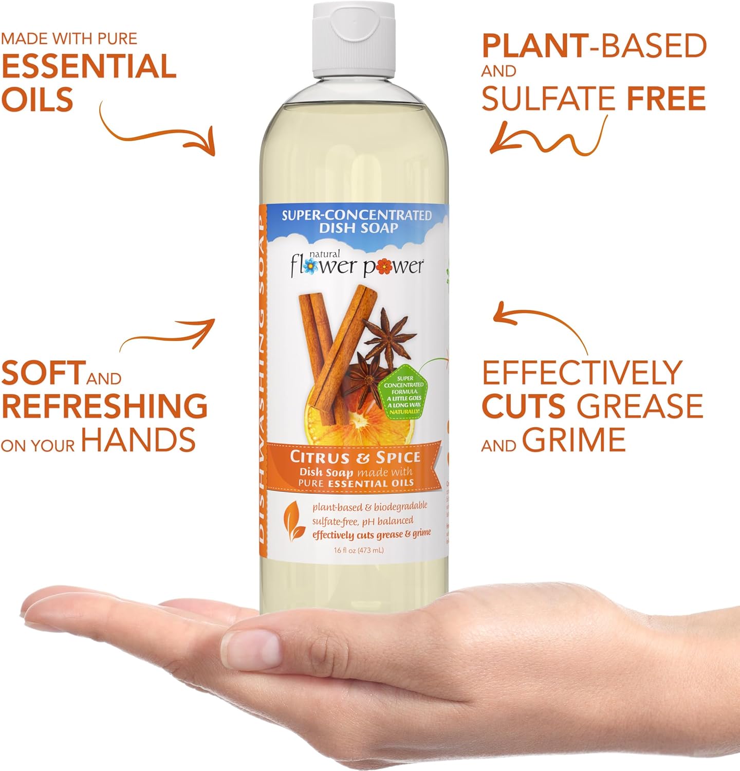 Natural Flower Power Liquid Dish Soap – Citrus & Spice – Plant-Based & Scented w/ Pure Essential Oils – Natural Liquid Dishwashing Detergent – Sulfate-Free Kitchen Soap – Vegan (16 Fl Oz 3 Pack) - Image 3