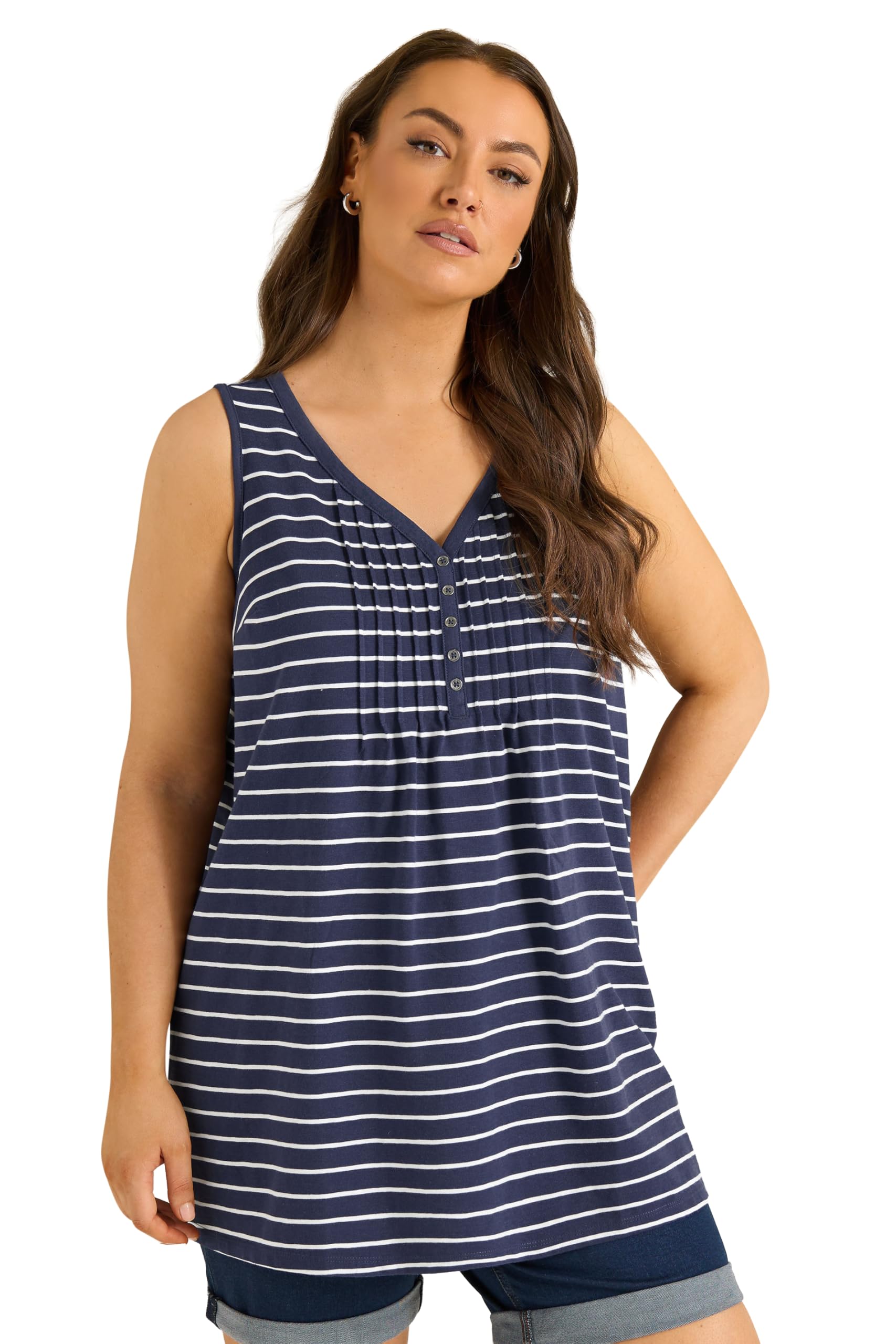 Evans Women's Blue Plus Navy Stripe Cotton Henley Vest Top Size 22-24