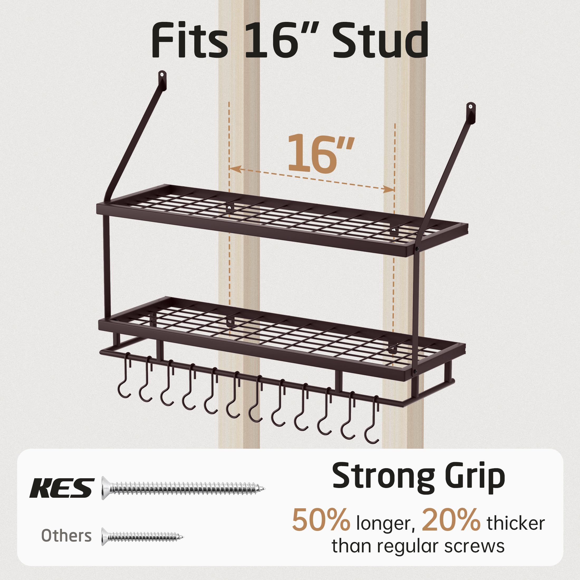 KES KUR215S75B-OB - Portapentole da parete in bronzo oliato, 76 cm, organizer a 2 ripiani per pentole e padelle con 12 ganci robusti, mensole appendiabiti da parete per cucina, stile rustico