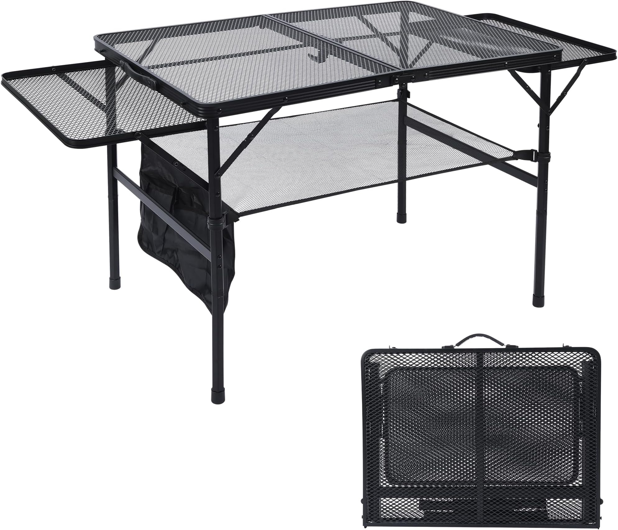JOUYEK Folding Grill Table, 3x2 FT Portable Camping Table with 2 Wing Panels, Height Adjustable Metal Tables with Mesh Desktop and Mesh Bag, Outdoor Furniture for Camping, Picnic, Beach and BBQ, Black
