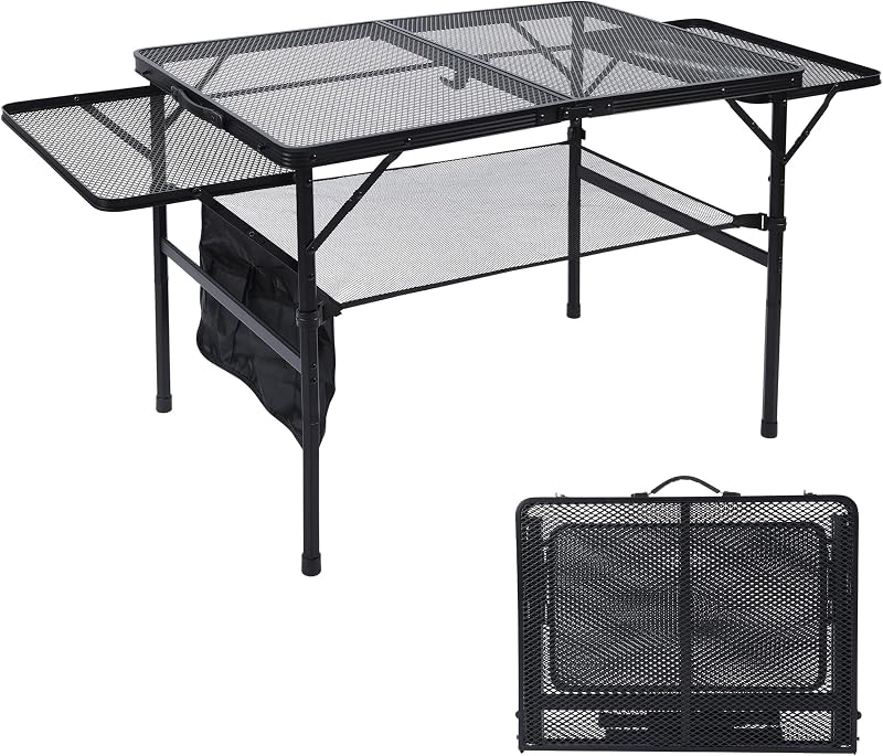 JOUYEK Mesa plegable para parrilla, mesa de camping portátil de 3 x 2 pies con 2 paneles de alas | Mesas de metal ajustables en altura con escritorio de malla y bolsa de malla, muebles de exterior para camping, picnic, playa y barbacoa, color negro