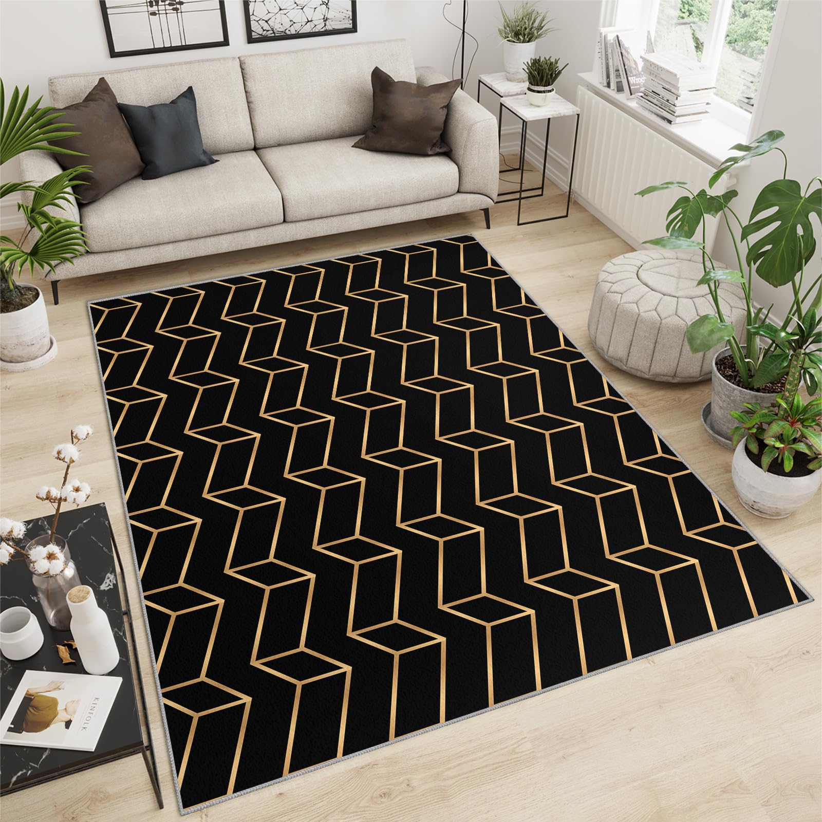 Tapis géométrique 3D, tapis géométrique carré noir et doré, tapis de chambre à coucher doux et pliable pour salon, balcon, terrasse, 150 x 200 cm
