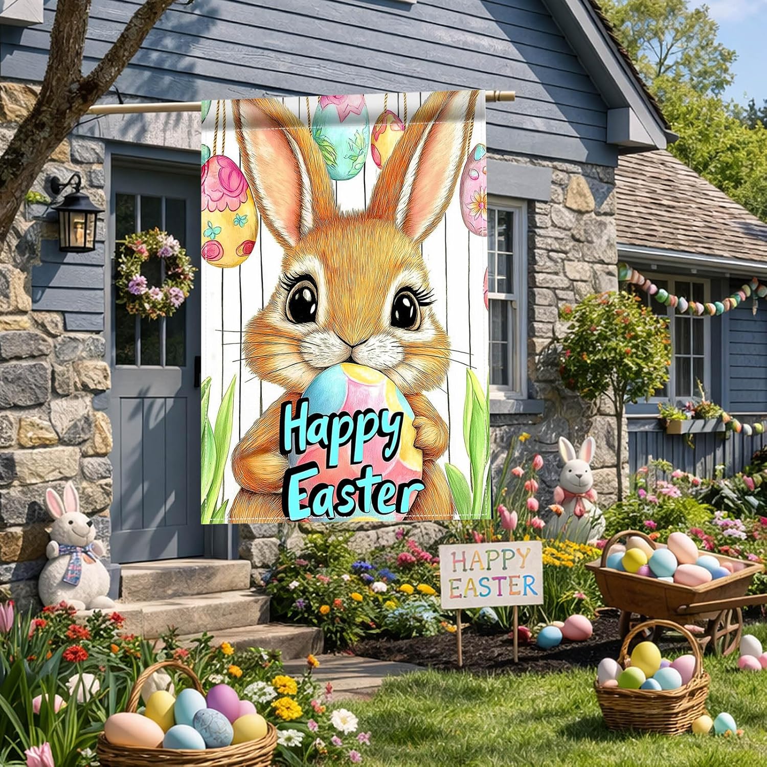 Happy Easter Bunny House Flag 28x40 Inch Double Sided Cute Rabbit Holding Egg with Hanging Easter Eggs Spring Floral Garden Flag Large Outdoor Yard Flag Holiday Farmhouse Easter Decor - Image 9