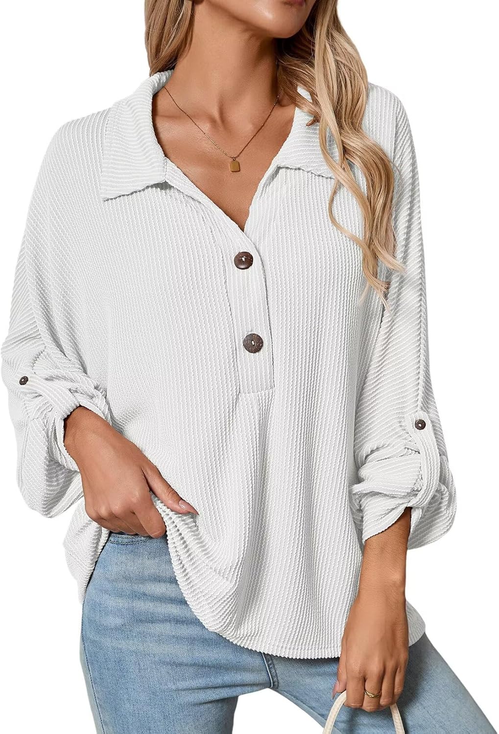Astylish Women's Casual Blouses Button Down Business Batwing Tops Long Sleeve V Neck Ribbed Shirts 2025 Fall Outfit