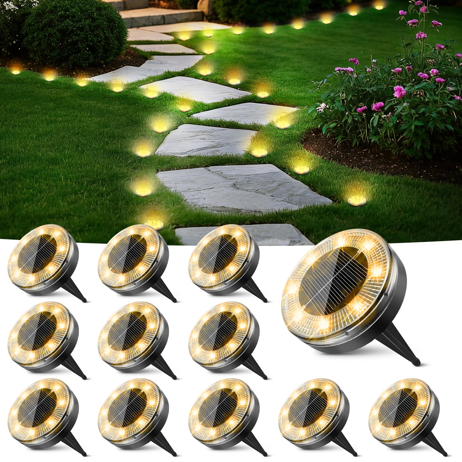 Peasur Mini Solar Ground Lights, 12 Pack Solar Disk Lights Outdoor Waterproof, 5.8CM Small Solar Lights Outdoor Garden for Pathway Garden Yard Lawn Walkway-Warm White