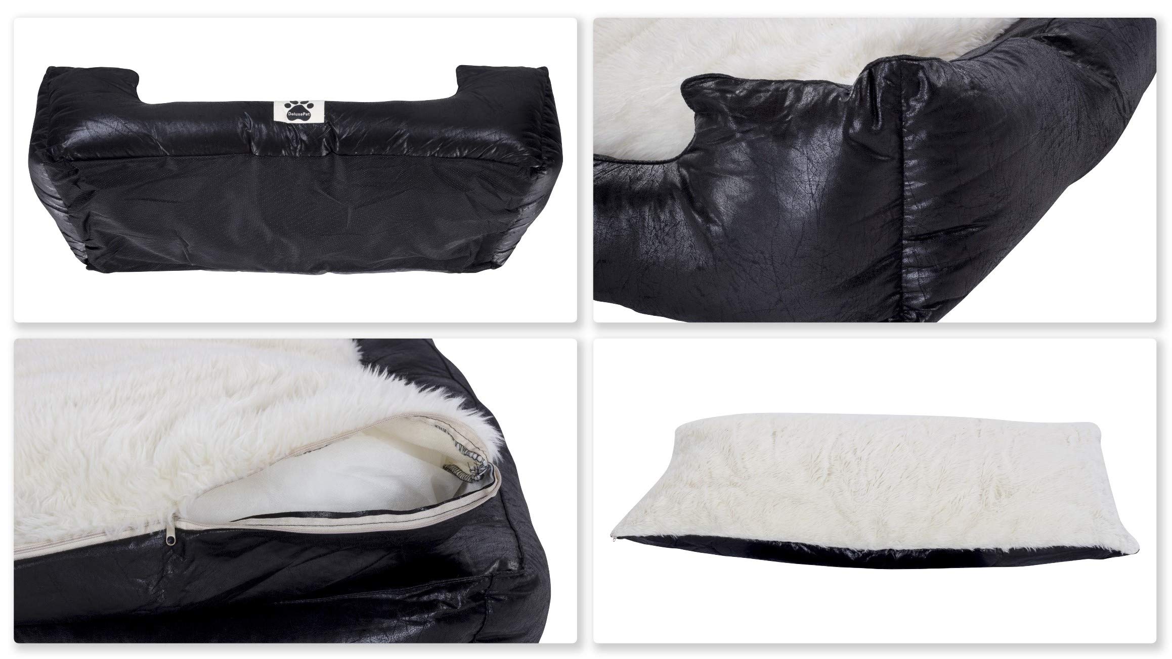 DeluxePet 'Schlummer' Hundebett schwarz 120x80 aus Kunstleder mit 2in1 Wendekissen, Hundekissen für große Hunde mit einer Fell und Leder Seite, Seiten weich gepolstert, Anti-Rutsch Rückseite