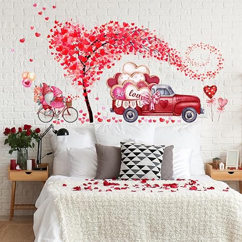Miniatura 5 de Calcomanías de pared para el día de San Valentín, 2 hojas de calcomanías de pared de árbol de corazón, gnomo rojo, calcomanías de pared extraíbles