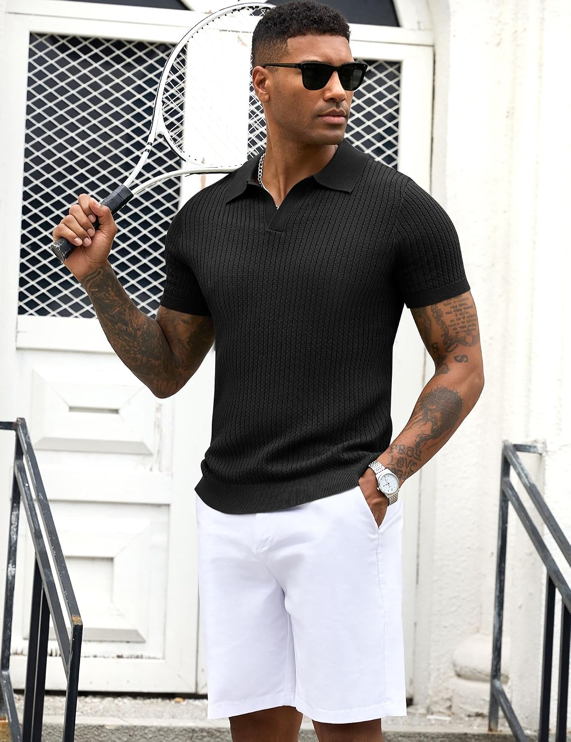 Mens Polo Shirts Ribbed Hollow Knit Polo Shirt Short Sleeve Muscle V Neck Golf Tees