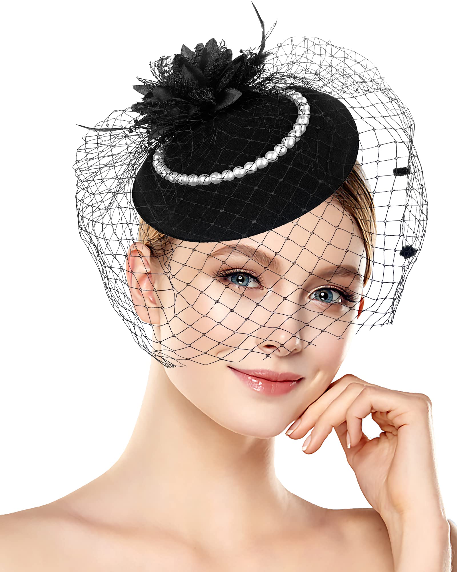 Pillbox Hat with Veil Vintage Fascinators for Women Tea Party Bridal Wedding Halloween